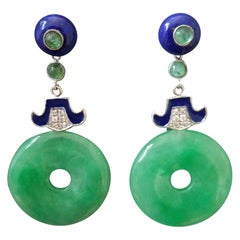 Retro Art Deco Style Jade Donuts Lapis Lazuli Emeralds Gold Diamonds Enamel Earrings