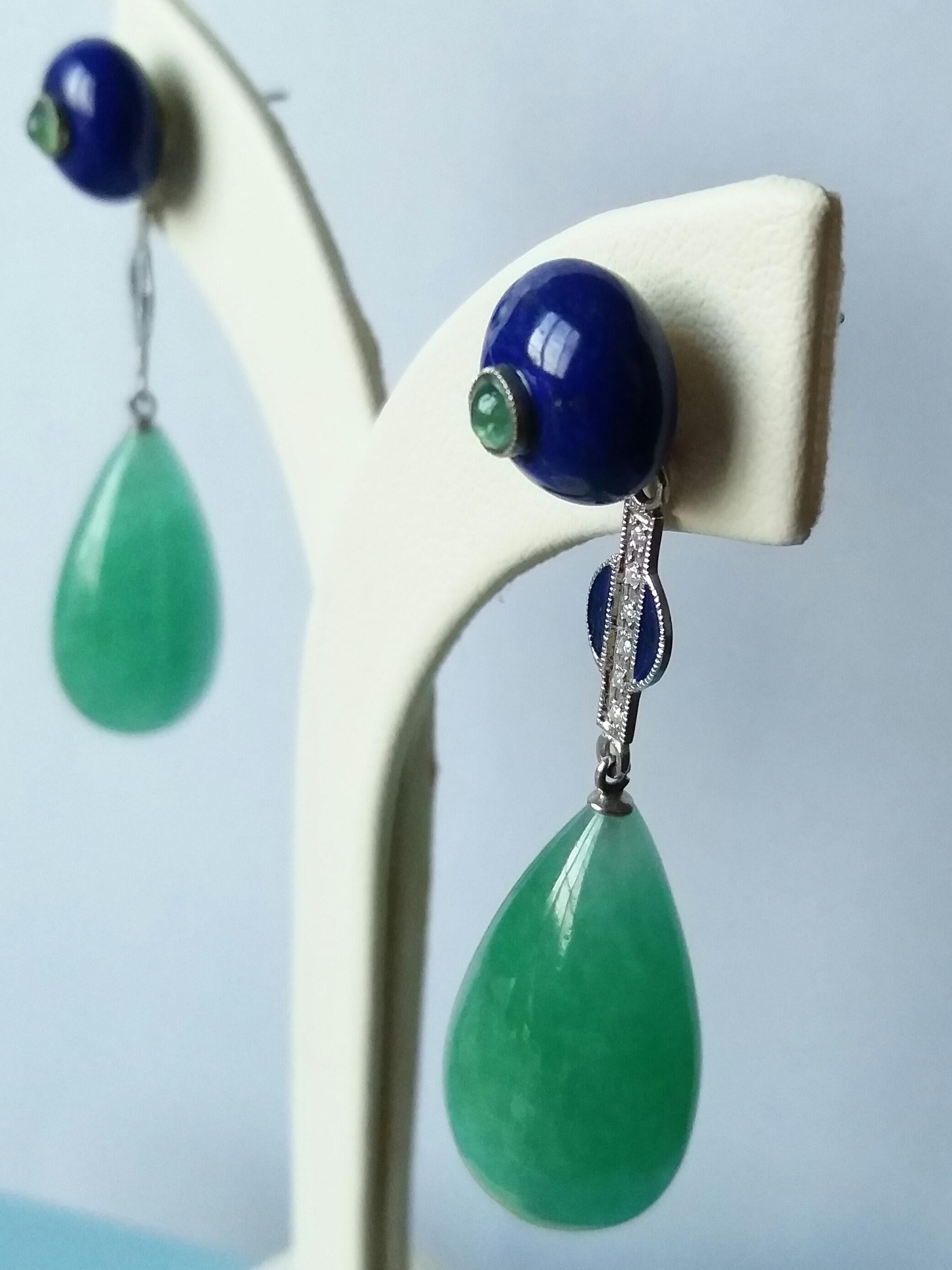 Tops are 2 round genuine Lapis Lazuli buttons with small round emerald cabochons  in the center, middle parts in white gold,full cut round diamonds and blue enamel , bottom parts are 2 Burma Jade round drops.

In 1978 our workshop started in Italy