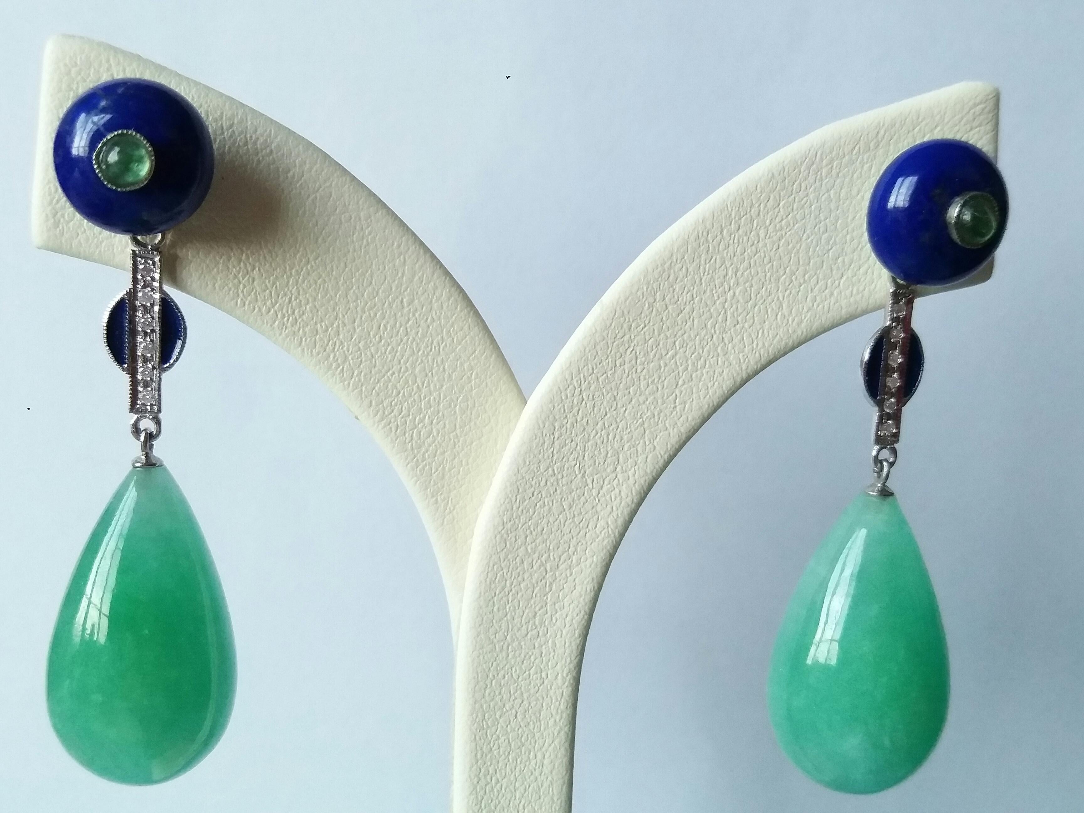 Cabochon Art Deco Style Jade Emerald Lapis Lazuli Blue Enamel Gold Diamonds Drop Earrings For Sale