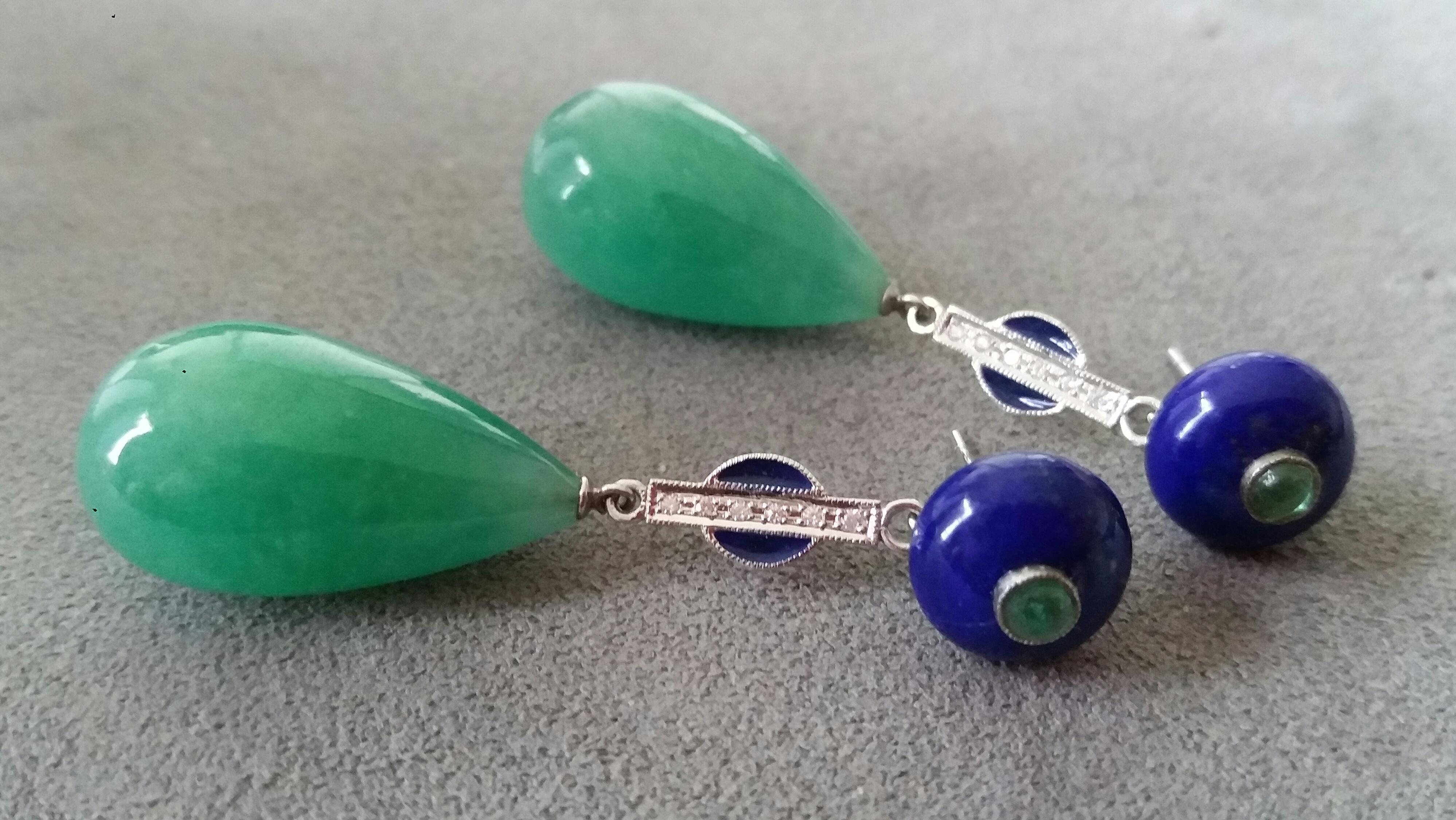 Women's Art Deco Style Jade Emerald Lapis Lazuli Blue Enamel Gold Diamonds Drop Earrings For Sale