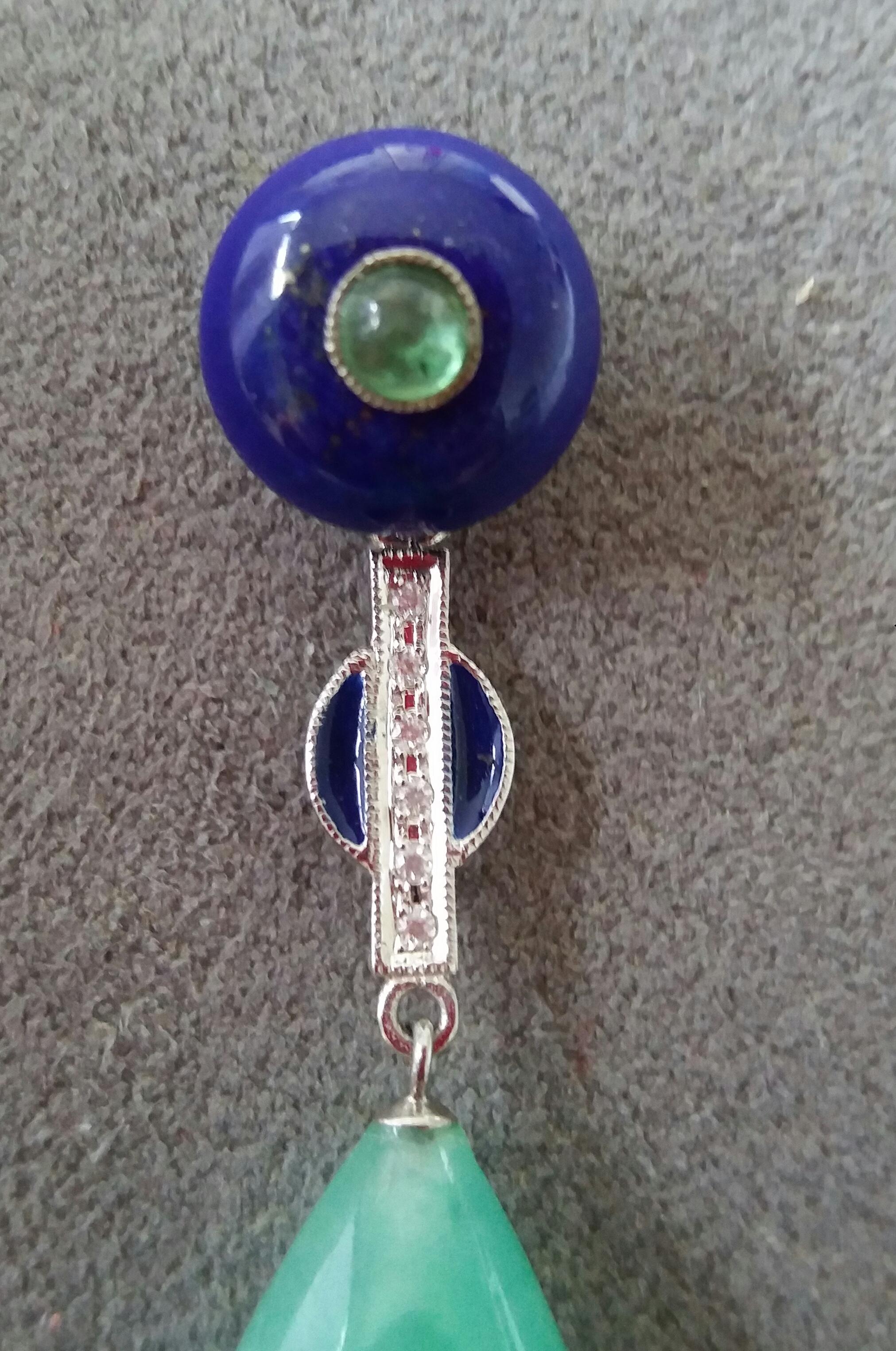 Art Deco Style Jade Emerald Lapis Lazuli Blue Enamel Gold Diamonds Drop Earrings For Sale 1