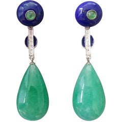 Boucles d'oreilles en goutte de style Art déco en or, jade, émeraude, lapis-lazuli, émail bleu et diamants