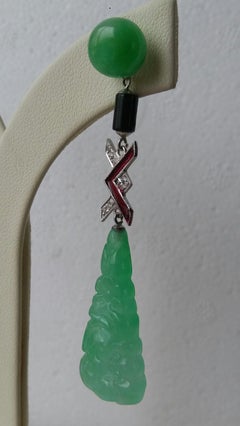 Art Deco Style Jade Gold Diamonds Black Onyx Red Enamel Dangle Earrings