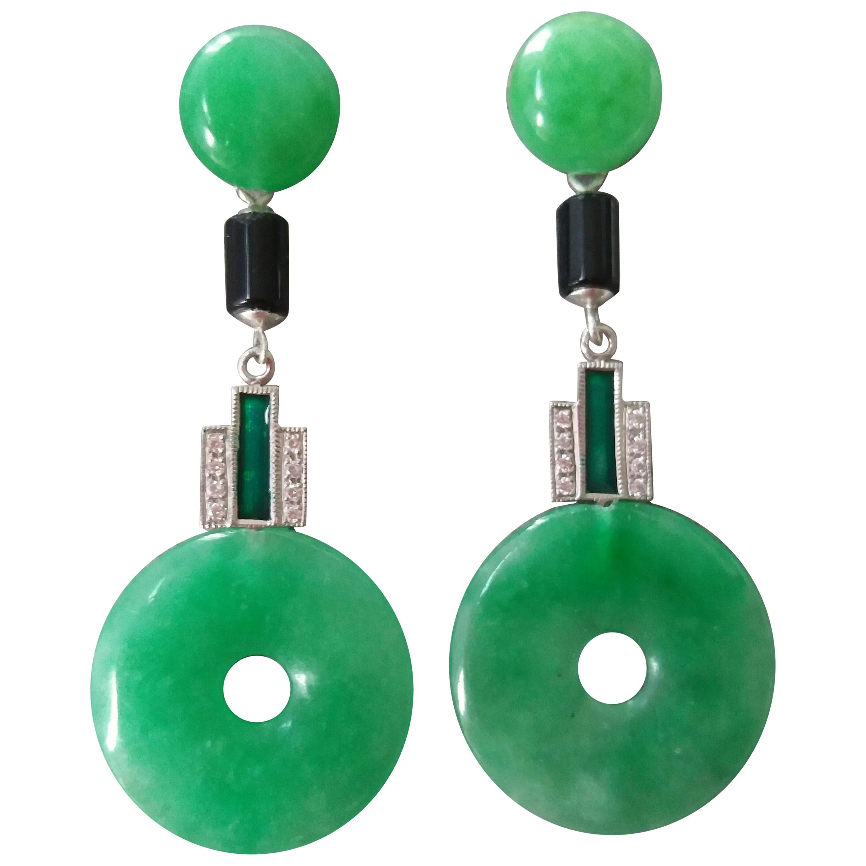 Art Deco Style Jade Gold Diamonds Black Onyx Green Enamel Dangle Earrings For Sale