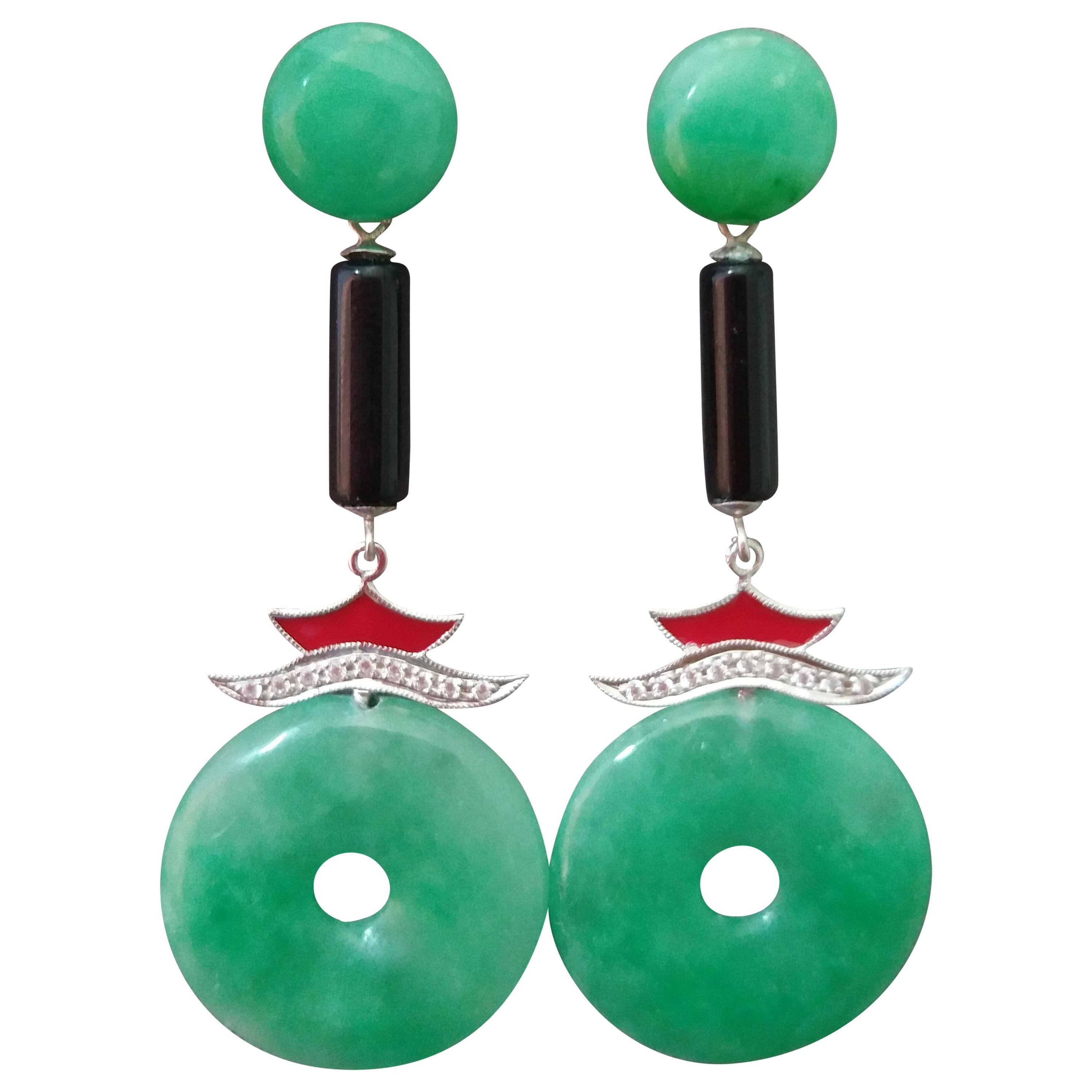 Art Deco Style Jade 14K Gold Diamonds Black Onyx Red Enamel Dangle Earrings For Sale