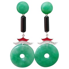 Pendants d'oreilles de style Art déco en or 14 carats, jade, diamants, onyx noir, émail rouge et jade