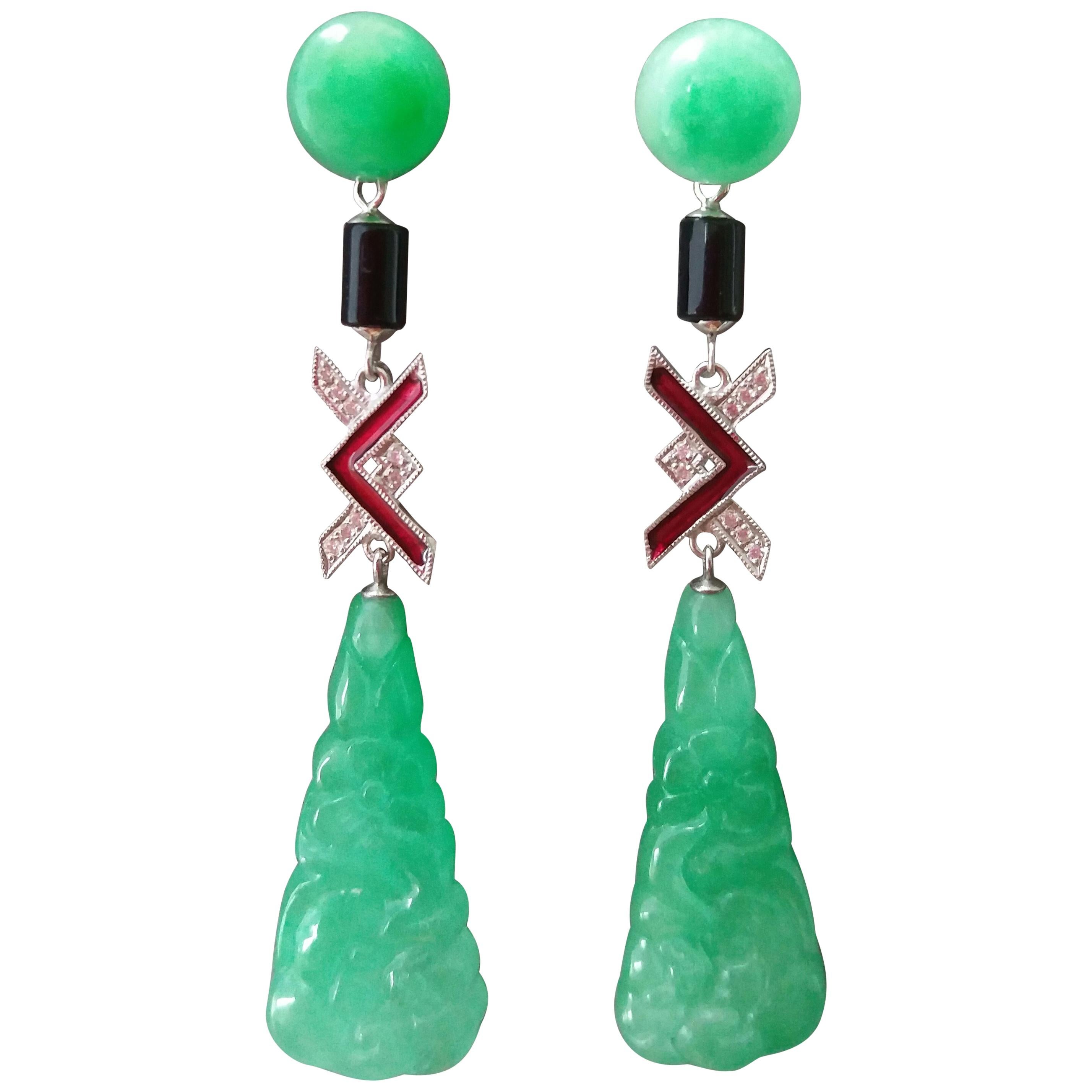 Art Deco Style Jade Gold Diamonds Black Onyx Red Enamel Dangle Earrings For Sale