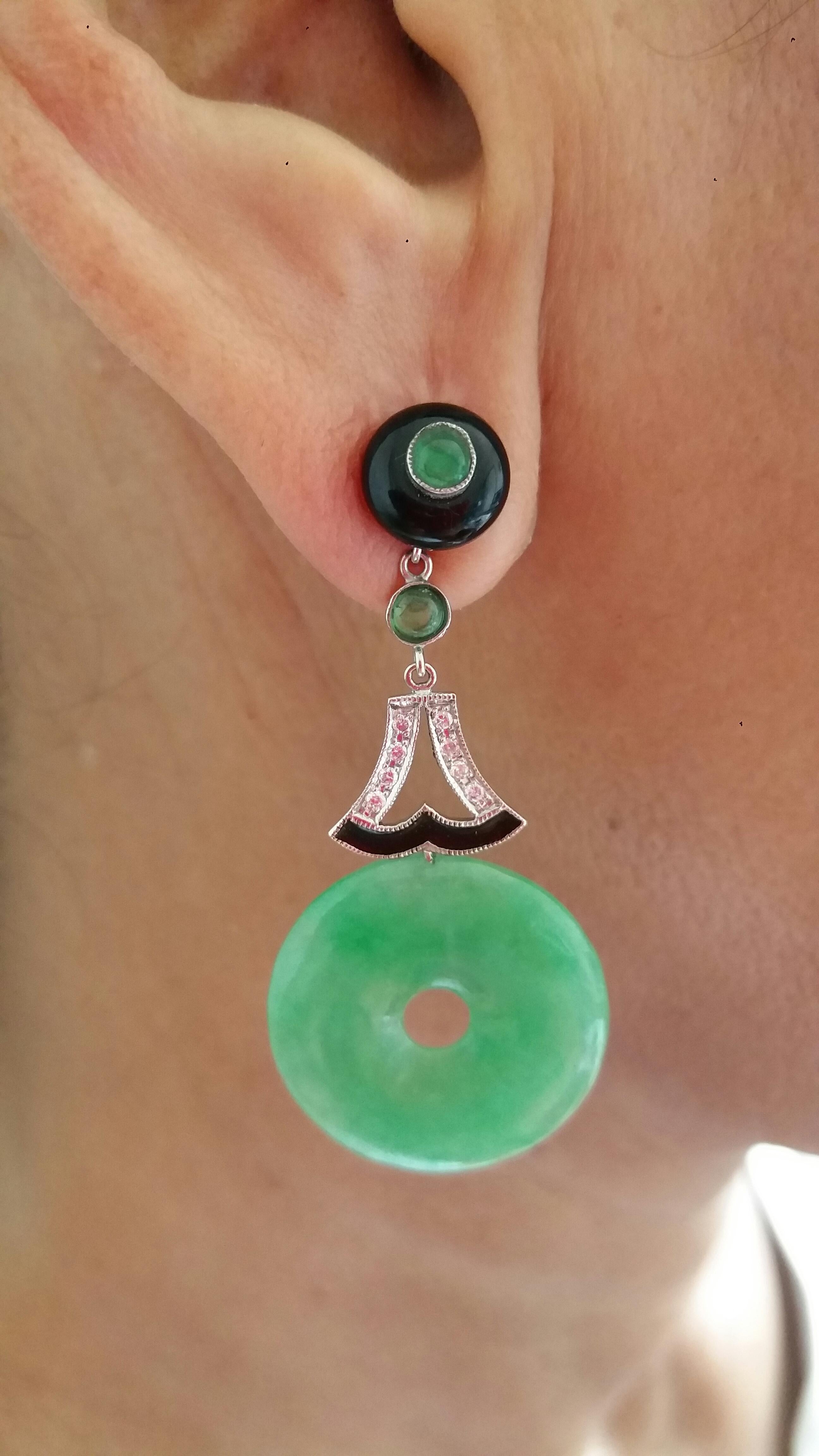 Women's Art Deco Style Jade Gold Diamonds Emeralds and Black Enamel Dangle Earrings For Sale