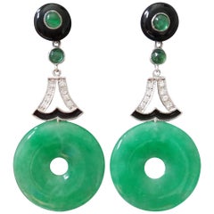 Art Deco Style Jade Gold Diamonds Emeralds and Black Enamel Dangle Earrings