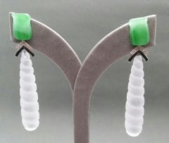 Art Deco Style Jade Gold Diamonds Enamel Carved Rock Crystal Drop Earrings