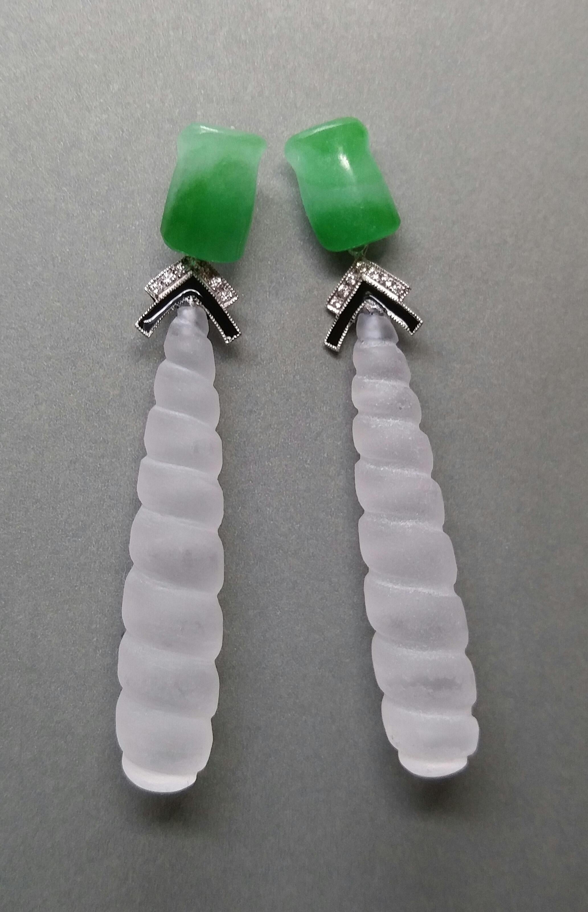 Art Deco Style Jade Gold Diamonds Enamel Carved Rock Crystal Drop Earrings In Good Condition For Sale In Bangkok, TH