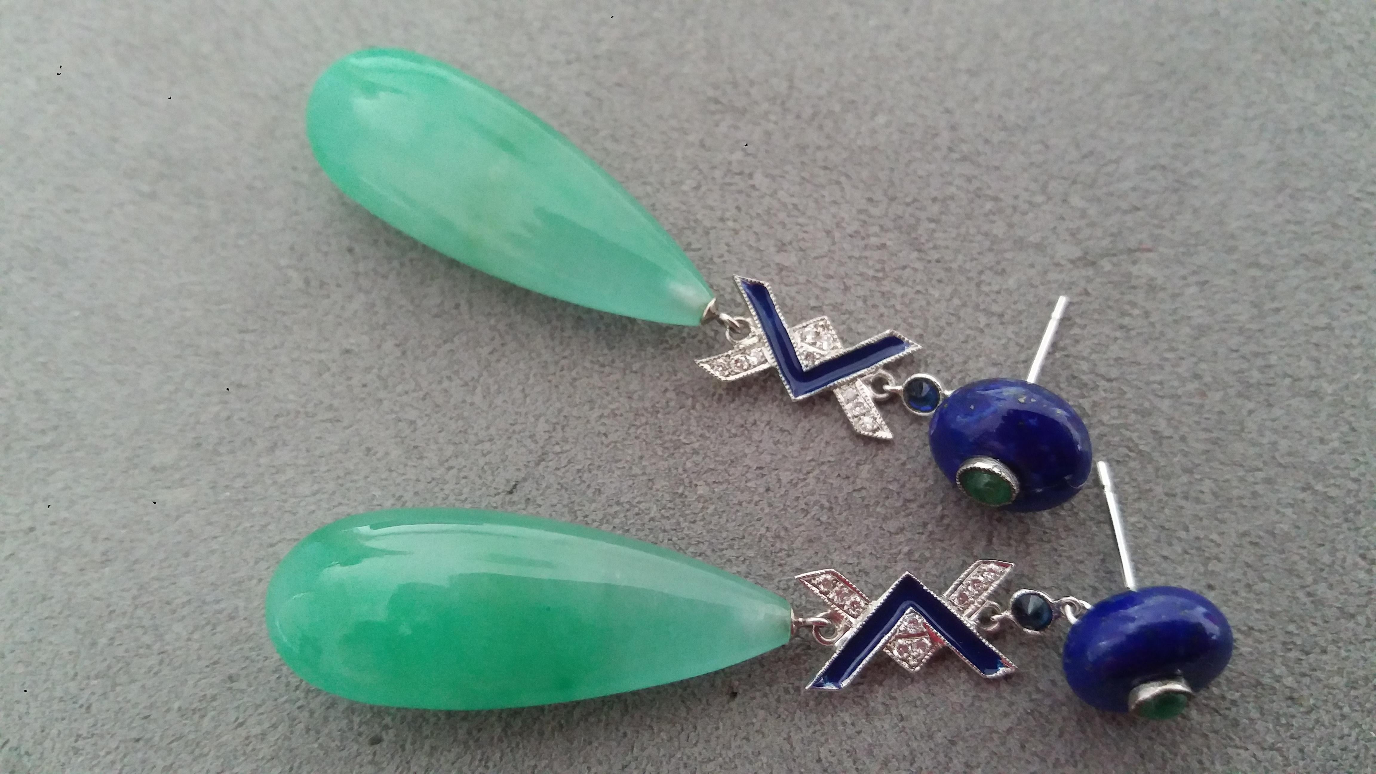 Mixed Cut Art Deco Style Jade Lapis Lazuli Emerald Sapphire Gold Diamonds Enamel Earrings For Sale