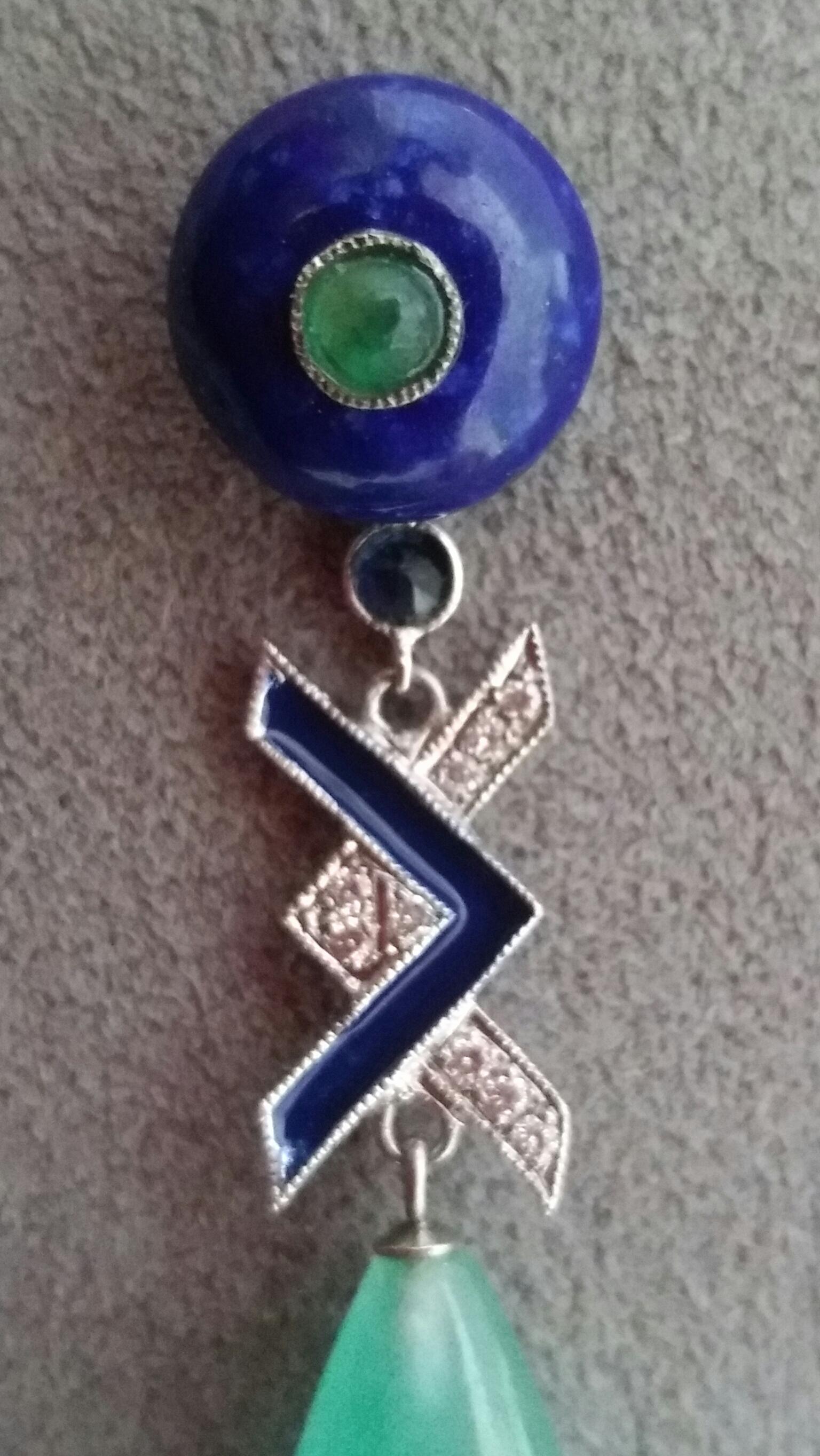 Art Deco Style Jade Lapis Lazuli Emerald Sapphire Gold Diamonds Enamel Earrings In Good Condition For Sale In Bangkok, TH