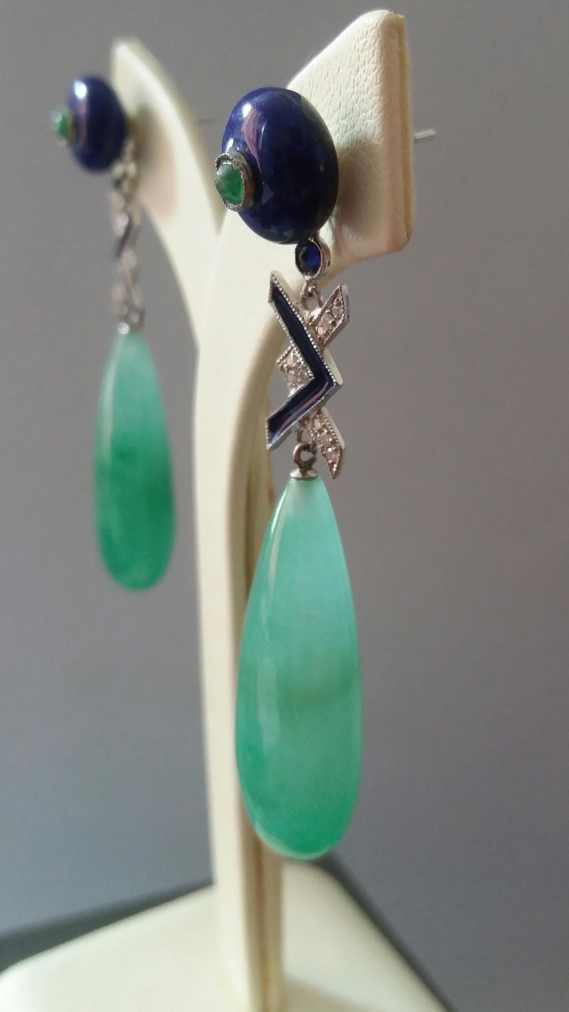 Women's Art Deco Style Jade Lapis Lazuli Emerald Sapphire Gold Diamonds Enamel Earrings For Sale