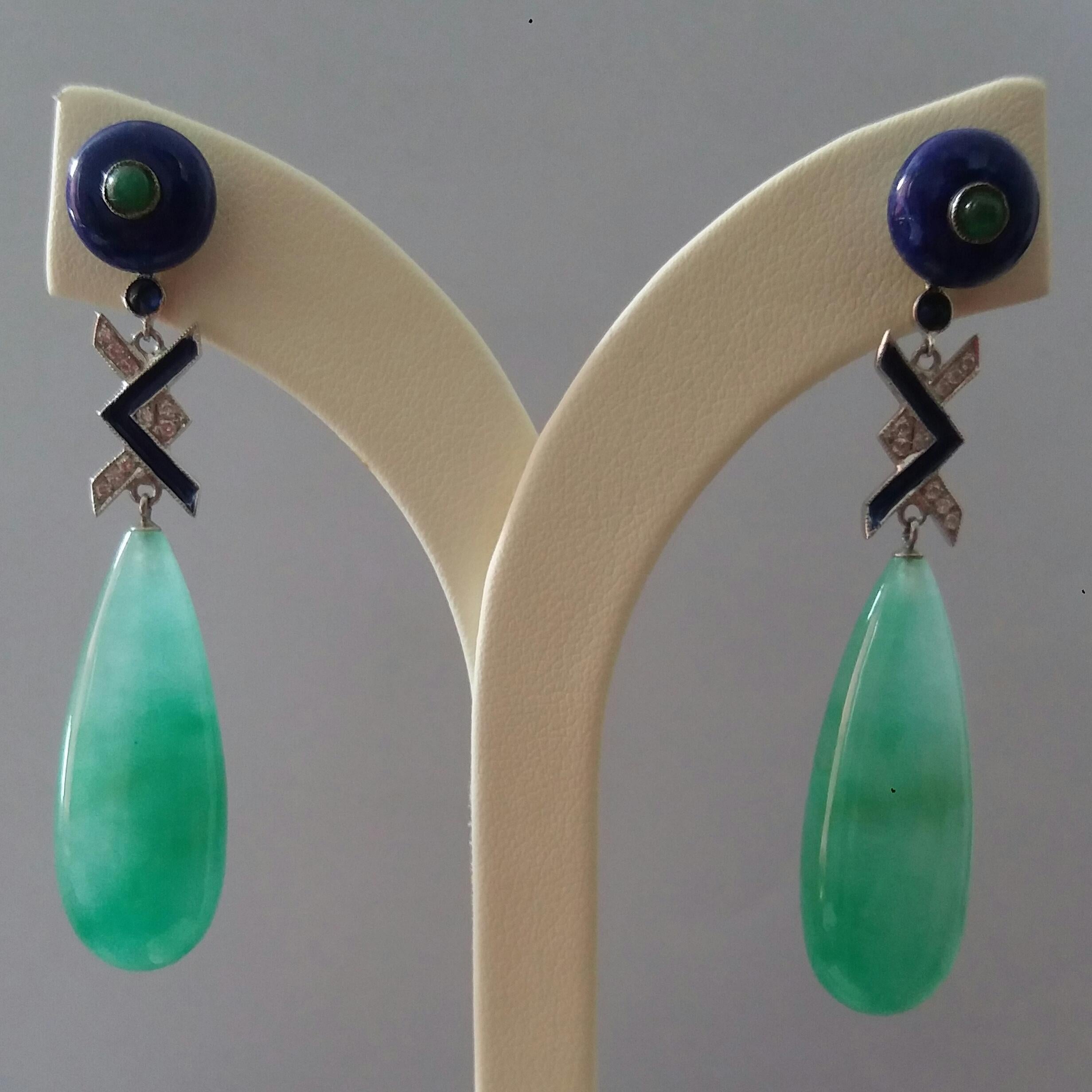 Art Deco Stil Jade Lapislazuli Smaragd Saphir Gold Diamanten Emaille-Ohrringe Damen im Angebot