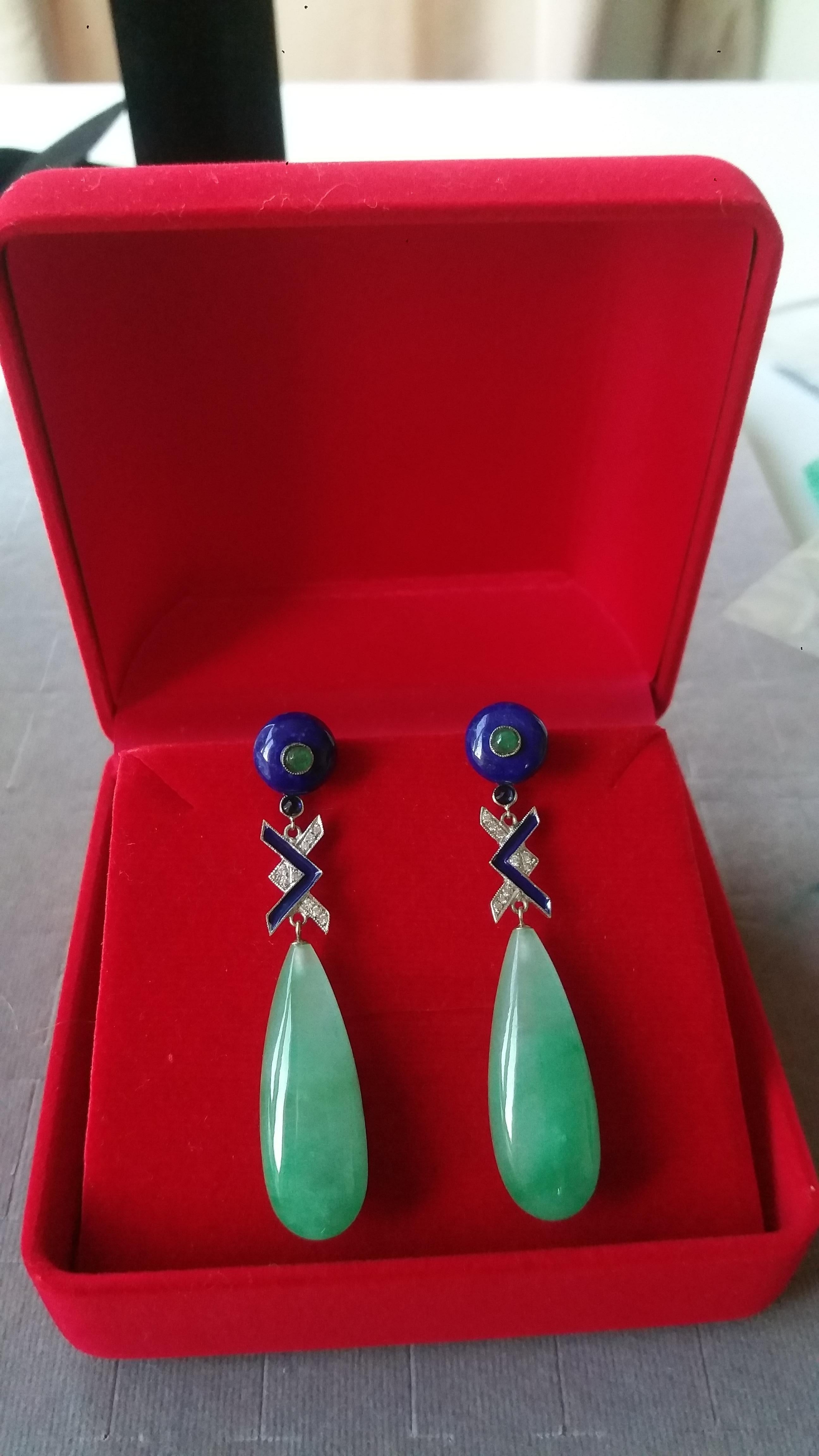 Art Deco Style Jade Lapis Lazuli Emerald Sapphire Gold Diamonds Enamel Earrings For Sale 2