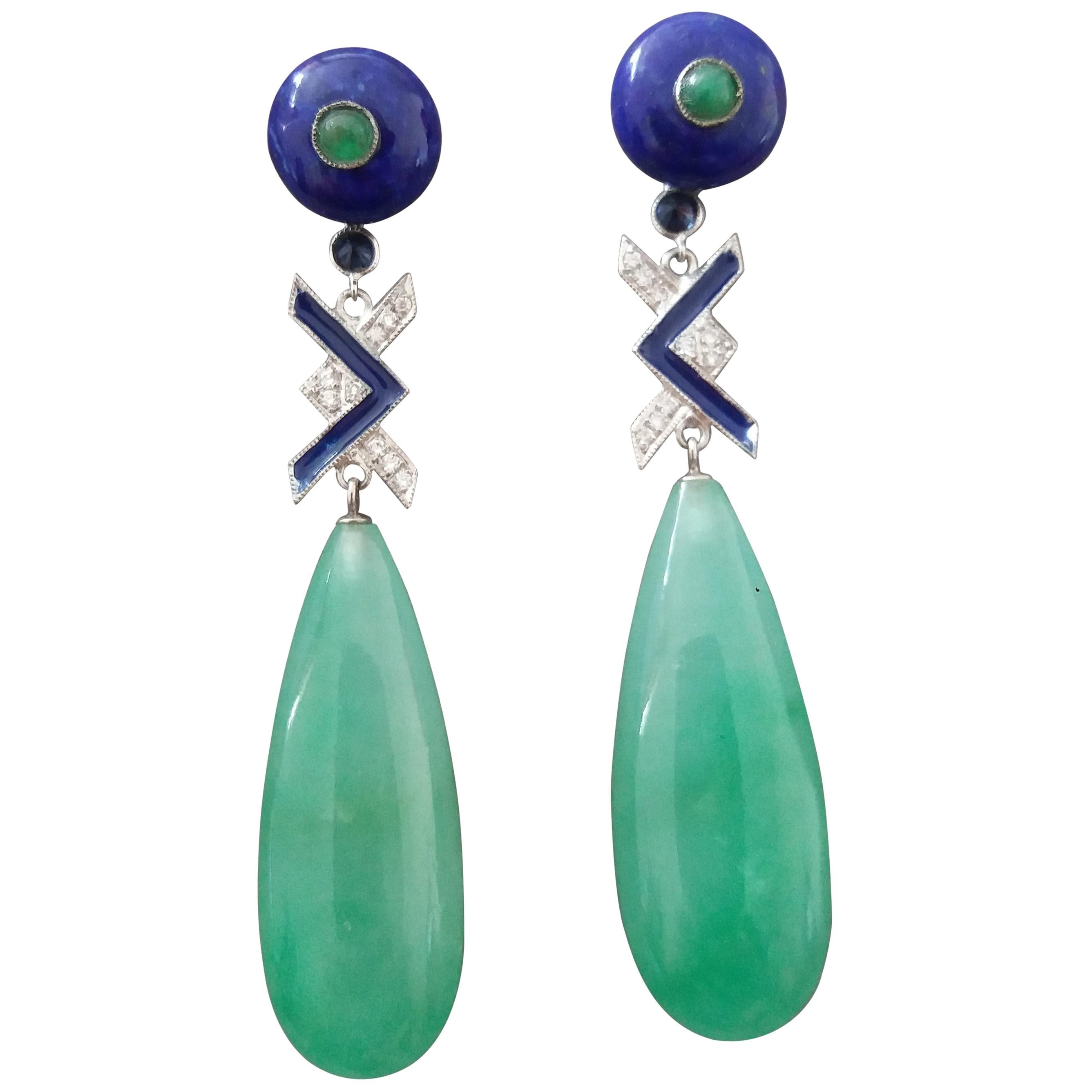 Art Deco Style Jade Lapis Lazuli Emerald Sapphire Gold Diamonds Enamel Earrings