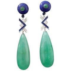 Art Deco Style Jade Lapis Lazuli Emerald Sapphire Gold Diamonds Enamel Earrings