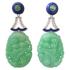 Art Deco Style Jade Lapis Lazuli Emeralds Gold Diamonds Enamel Dangle Earrings