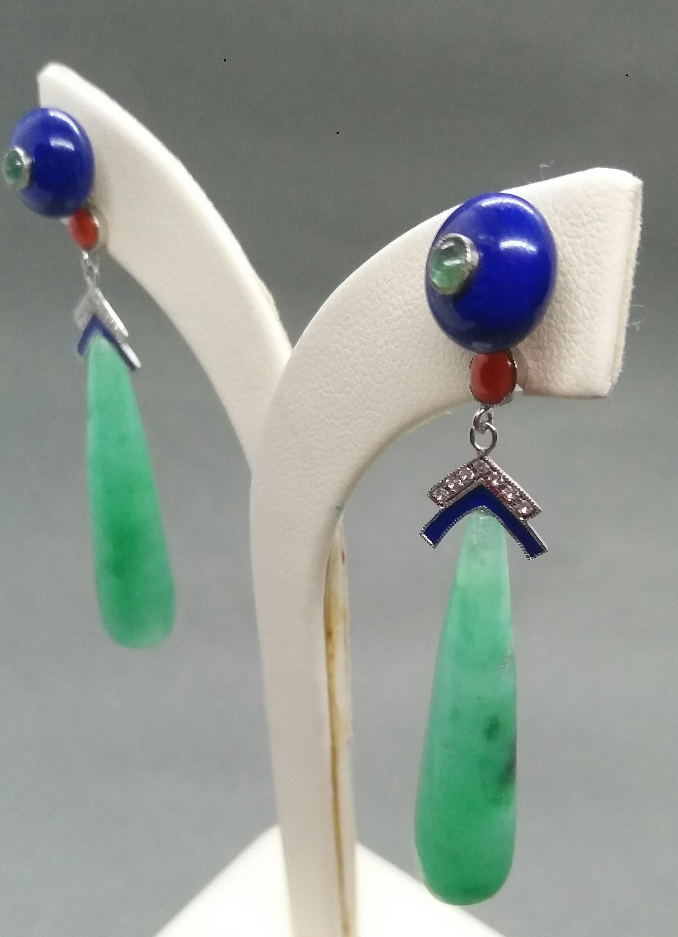 Art Deco Style Jade Lapis Lazuli Gold Emeralds Diamonds Enamel Drops Earrings For Sale 6