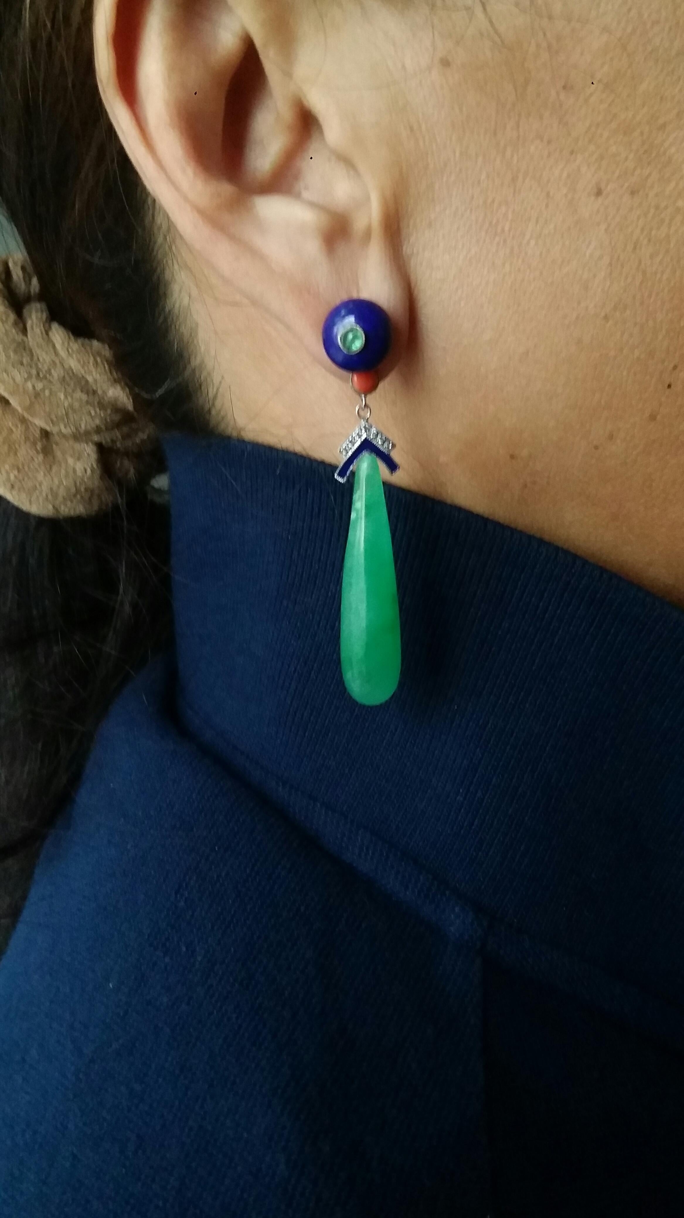 Classic Art Deco Style earrings with Lapis Lazuli round button tops 10 mm in diameter with small round emerald cabs in the center,middle parts are composed of 2 small round coral cabs,2 white gold elements , full cut diamonds,blue enamels,2 Jade