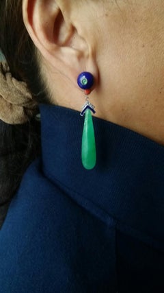 Art Deco Style Jade Lapis Lazuli Gold Emeralds Diamonds Enamel Drops Earrings