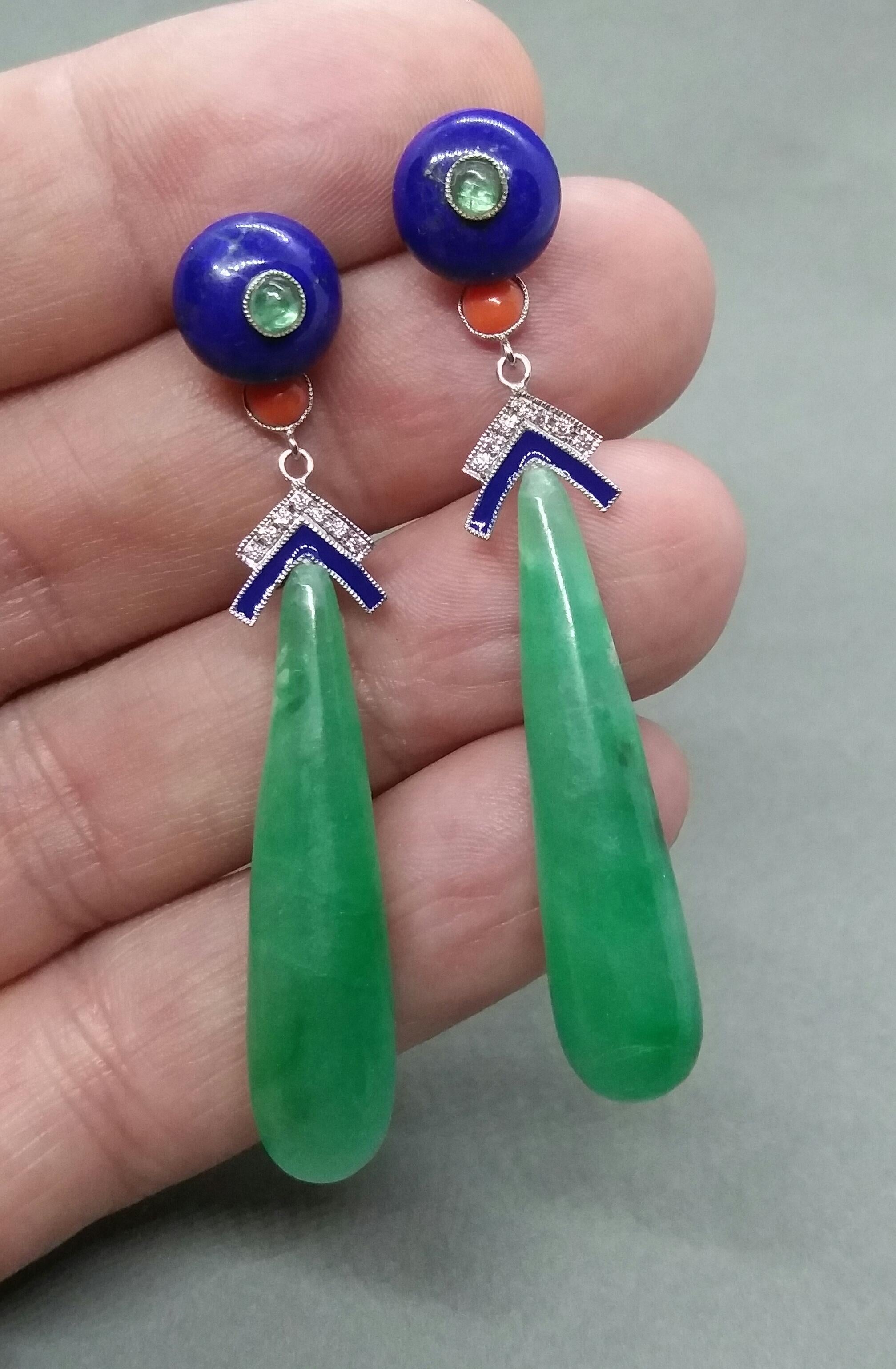 Women's Art Deco Style Jade Lapis Lazuli Gold Emeralds Diamonds Enamel Drops Earrings For Sale