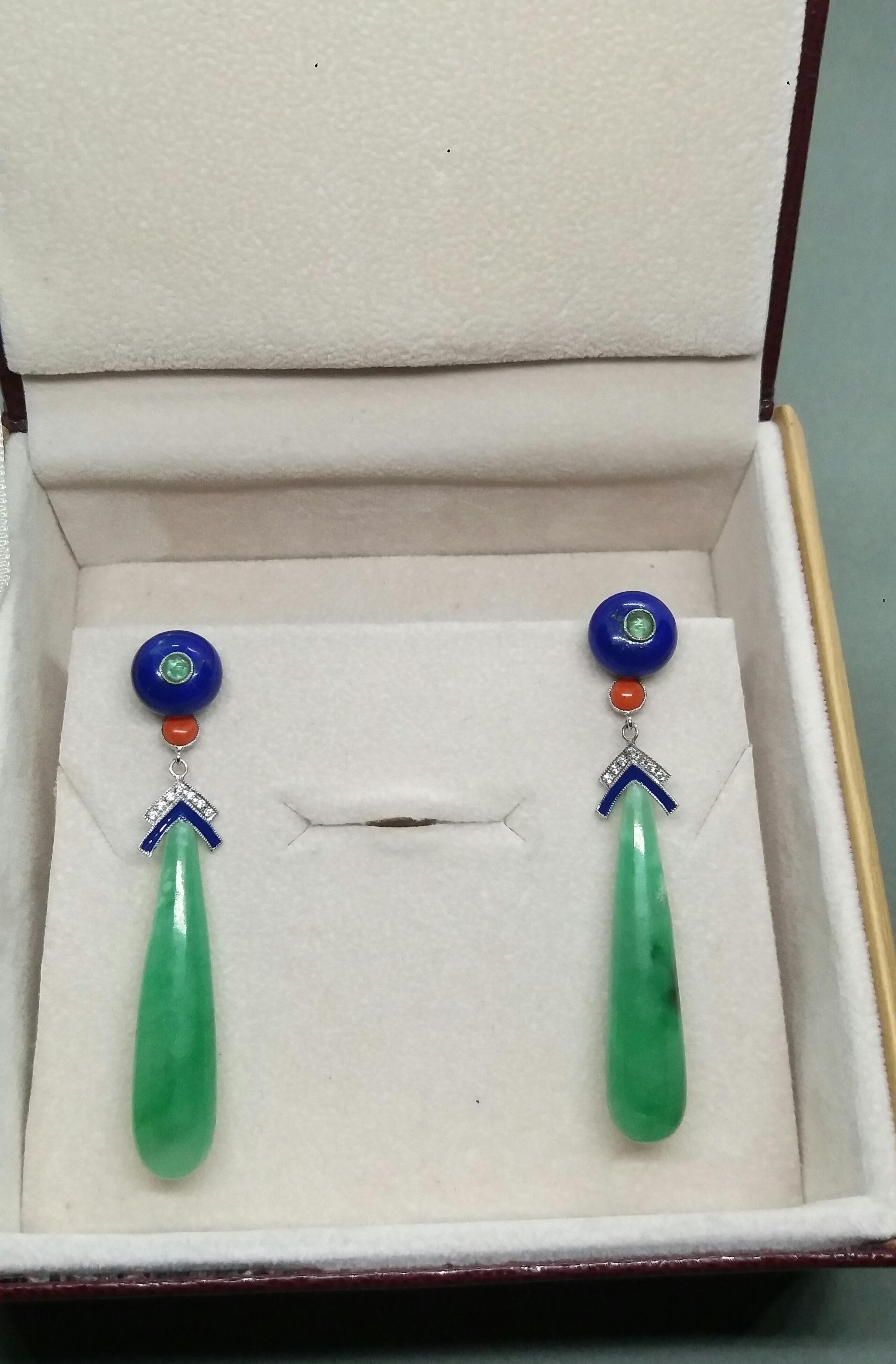 Art Deco Style Jade Lapis Lazuli Gold Emeralds Diamonds Enamel Drops Earrings For Sale 1