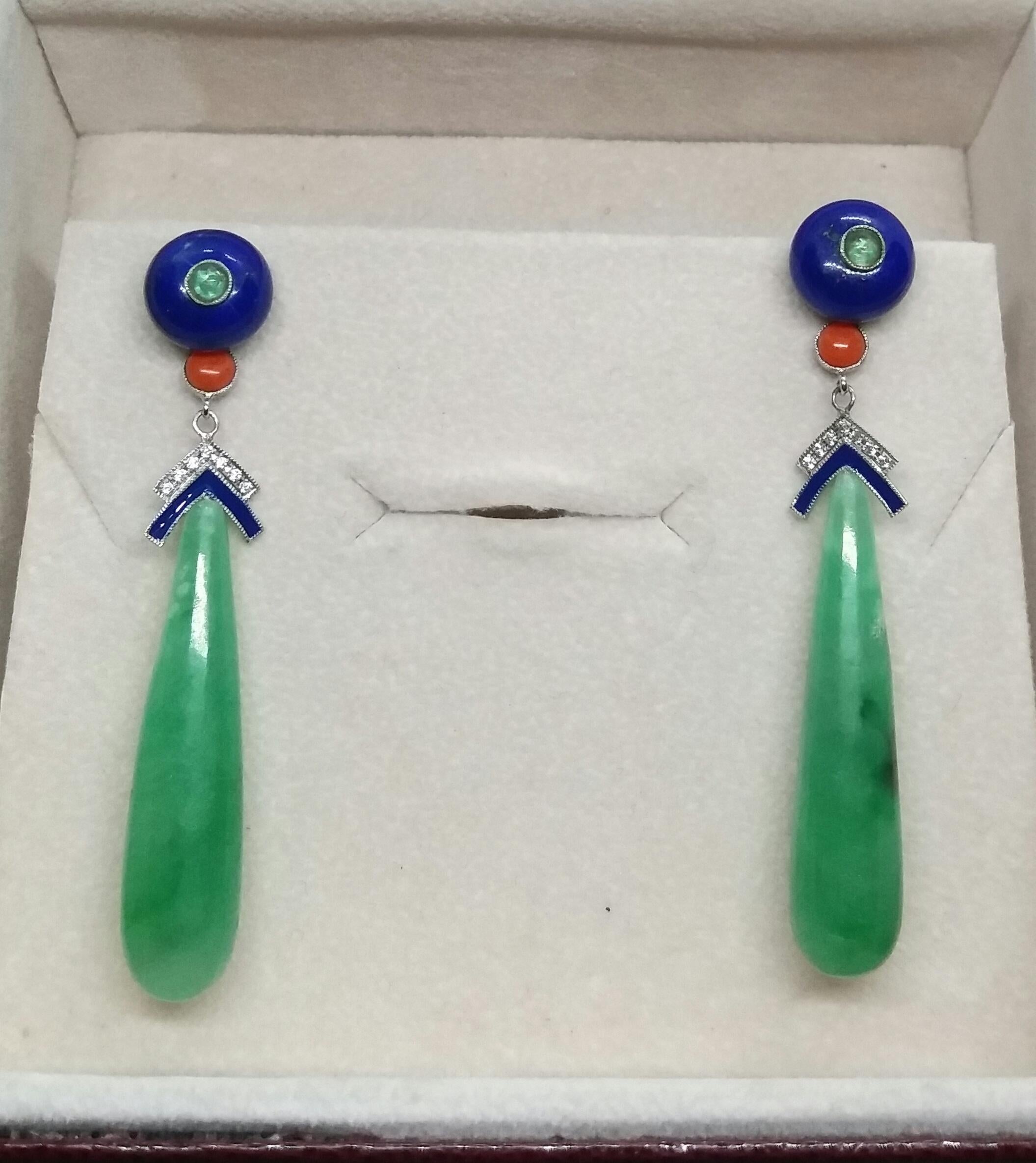 Art Deco Style Jade Lapis Lazuli Gold Emeralds Diamonds Enamel Drops Earrings For Sale 2