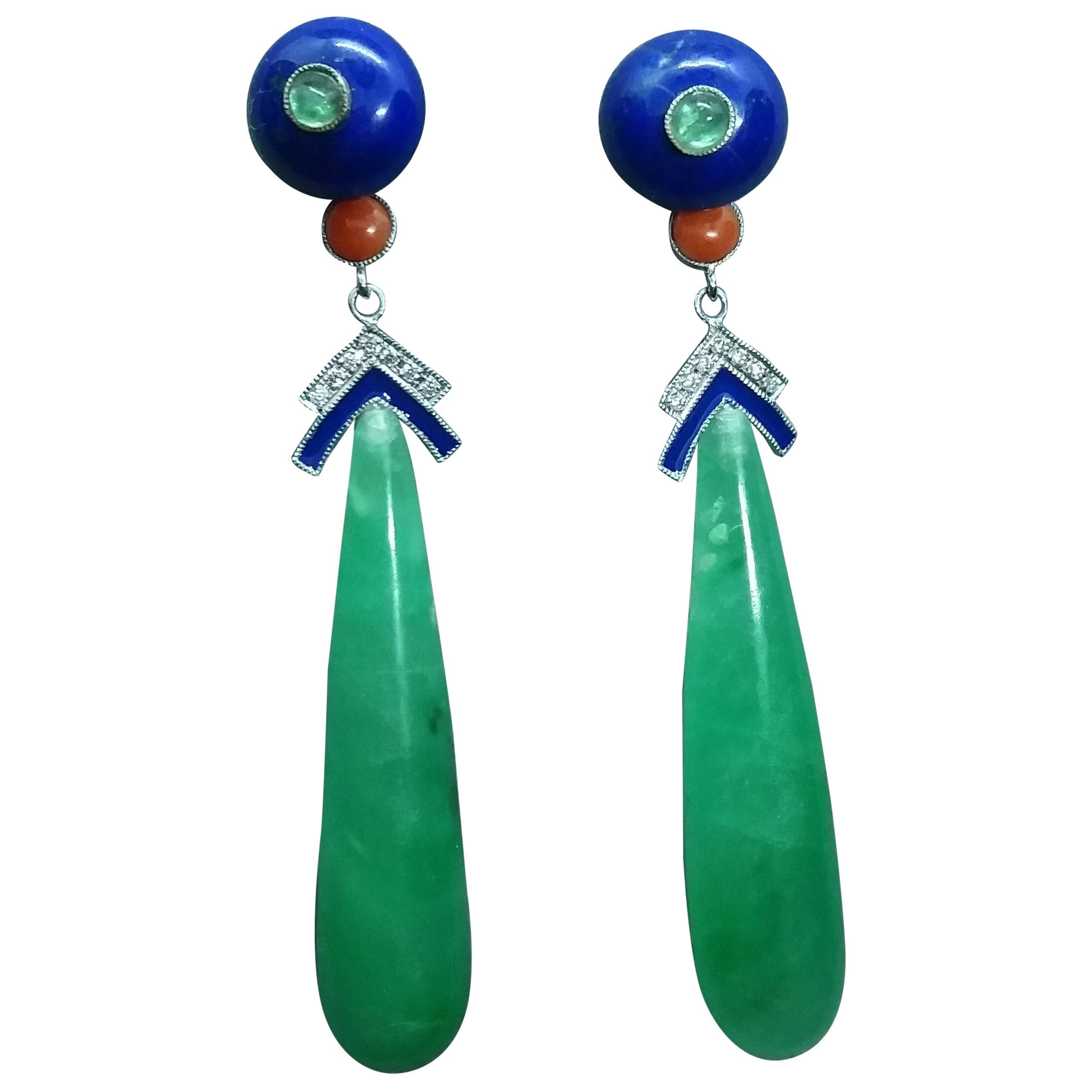Art Deco Style Jade Lapis Lazuli Gold Emeralds Diamonds Enamel Drops Earrings For Sale