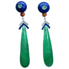Art Deco Style Jade Lapis Lazuli Gold Emeralds Diamonds Enamel Drops Earrings