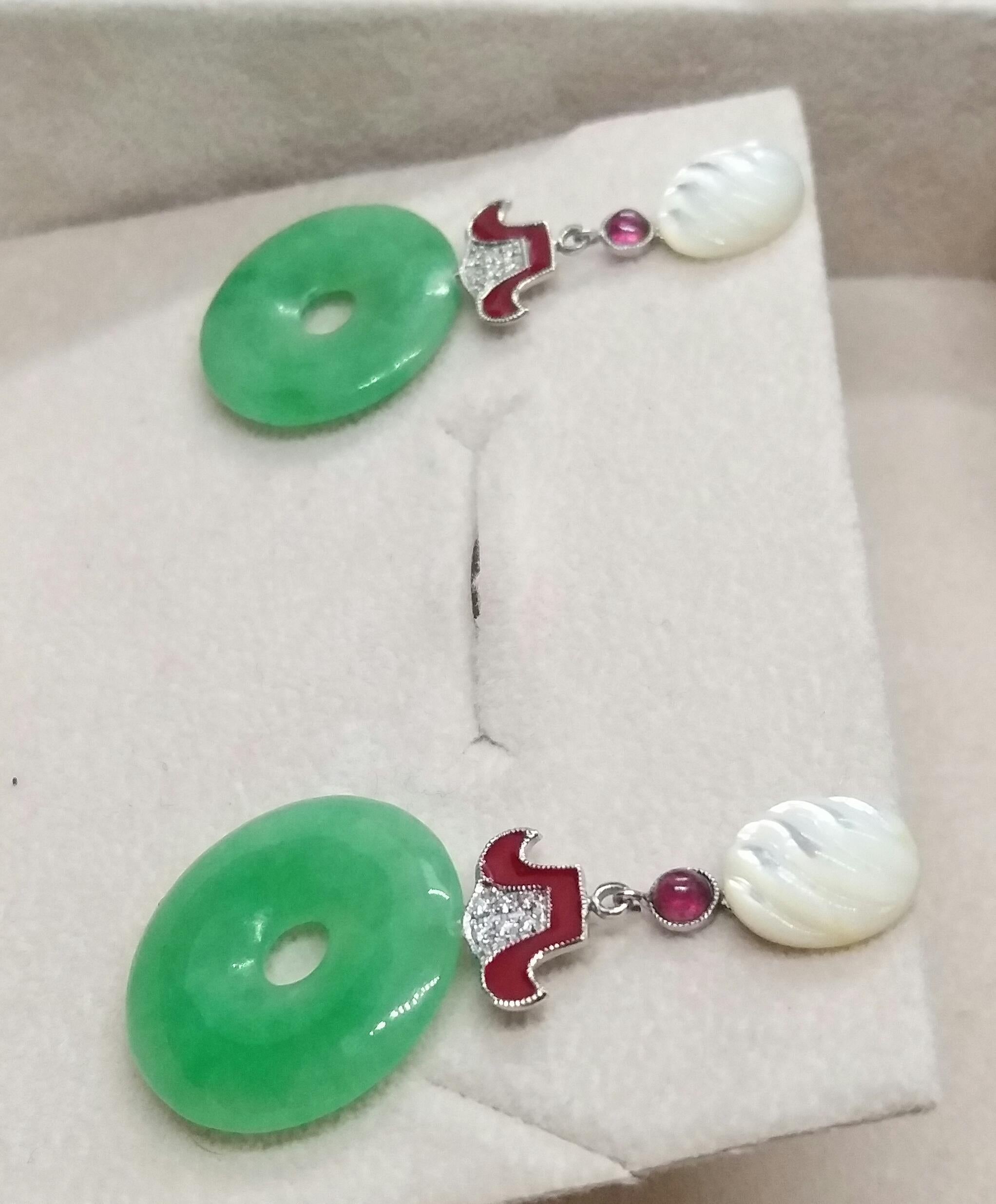 Mixed Cut Art Deco Style Jade Mother of Pearl Gold Diamonds Ruby Red Enamel Earrings For Sale