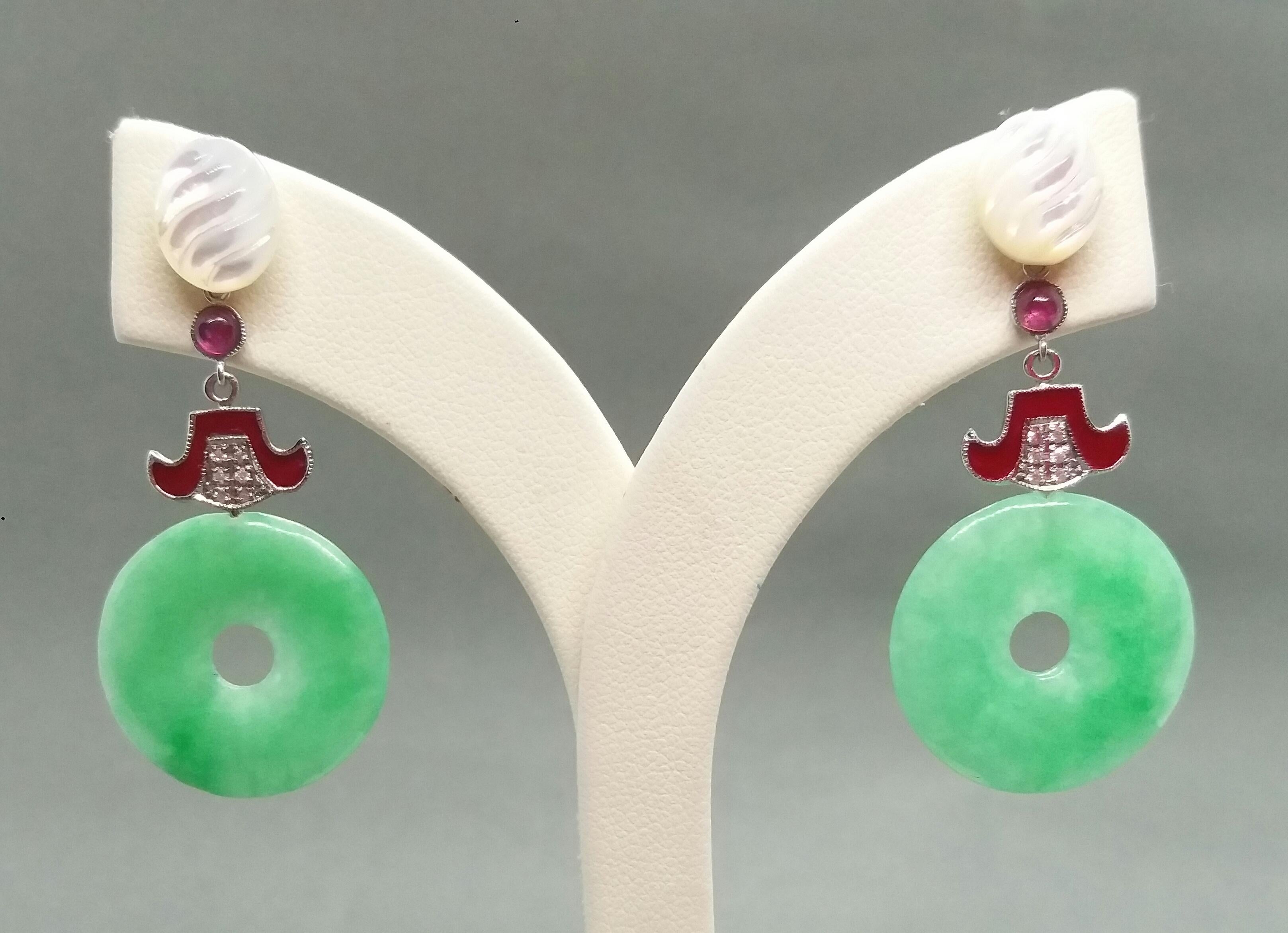 Art Deco Style Jade Mother of Pearl Gold Diamonds Ruby Red Enamel Earrings In Good Condition For Sale In Bangkok, TH