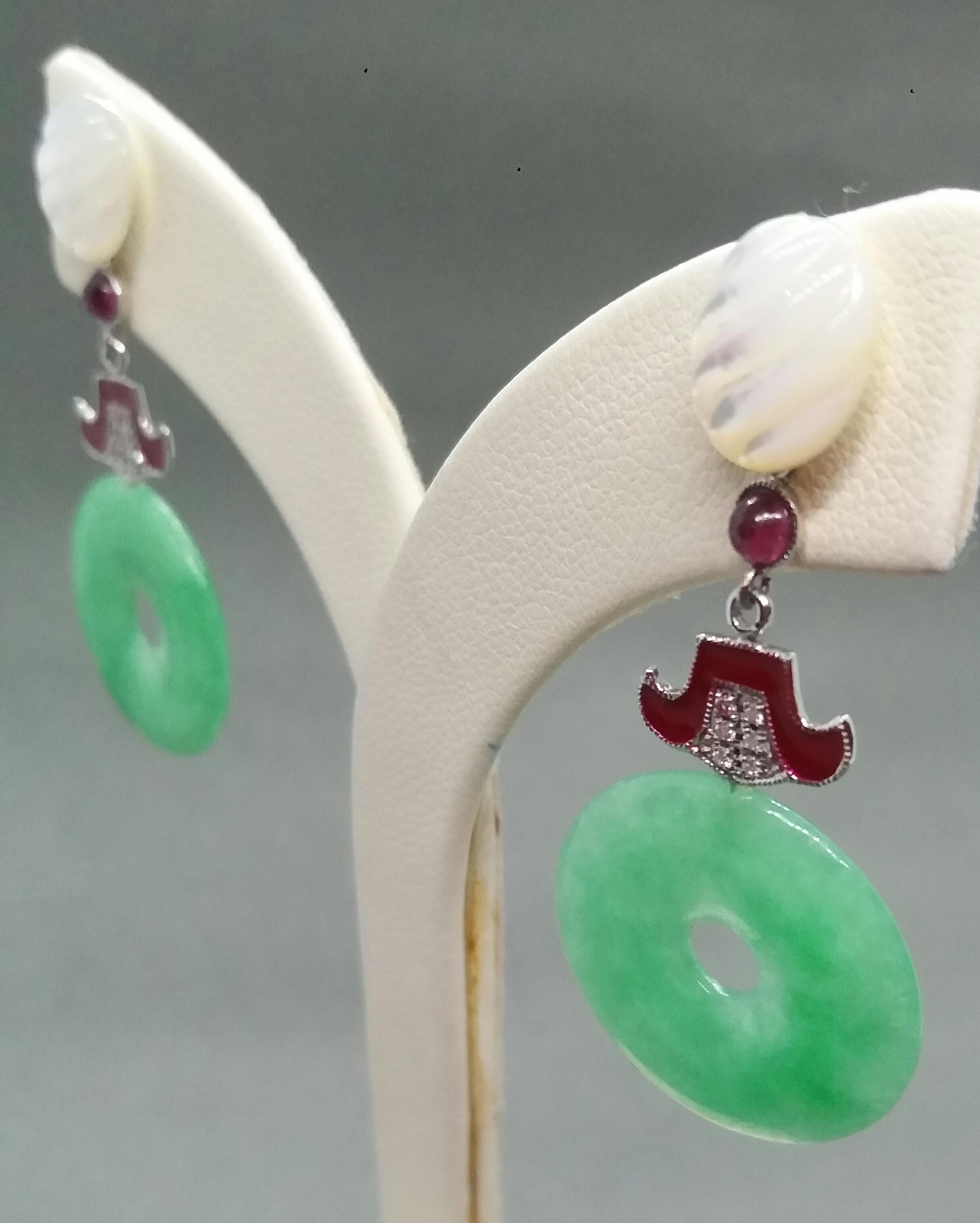 Women's Art Deco Style Jade Mother of Pearl Gold Diamonds Ruby Red Enamel Earrings For Sale