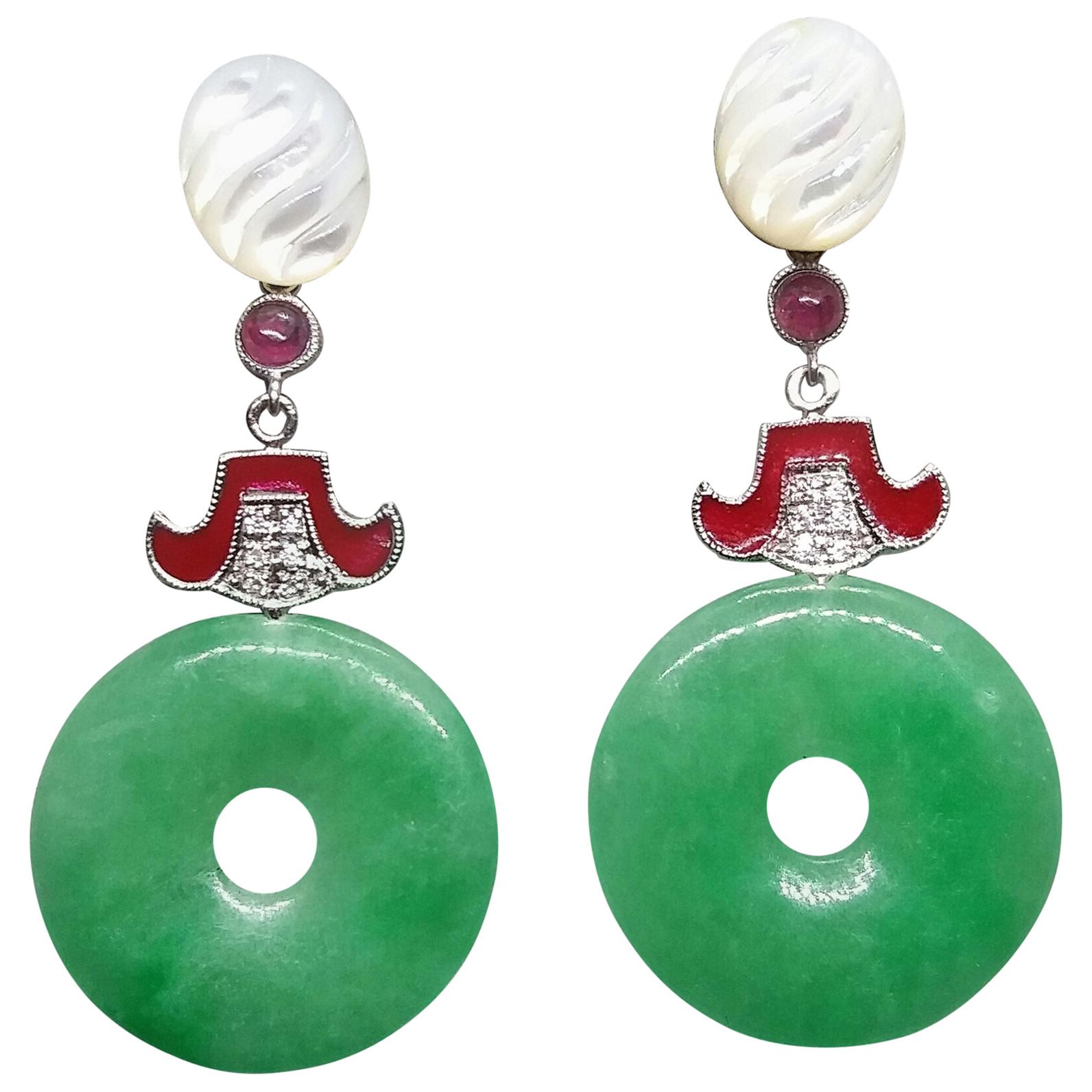 Art Deco Style Jade Mother of Pearl Gold Diamonds Ruby Red Enamel Earrings For Sale