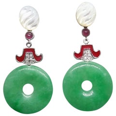 Art Deco Style Jade Mother of Pearl Gold Diamonds Ruby Red Enamel Earrings