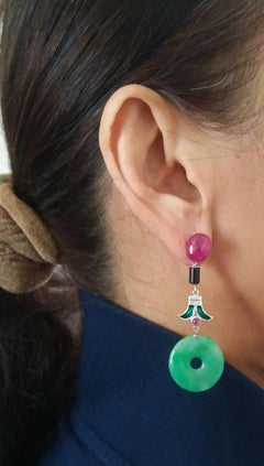 Art Deco Style Jade Ruby Black Onyx Gold Diamonds Green Enamel Dangle Earrings