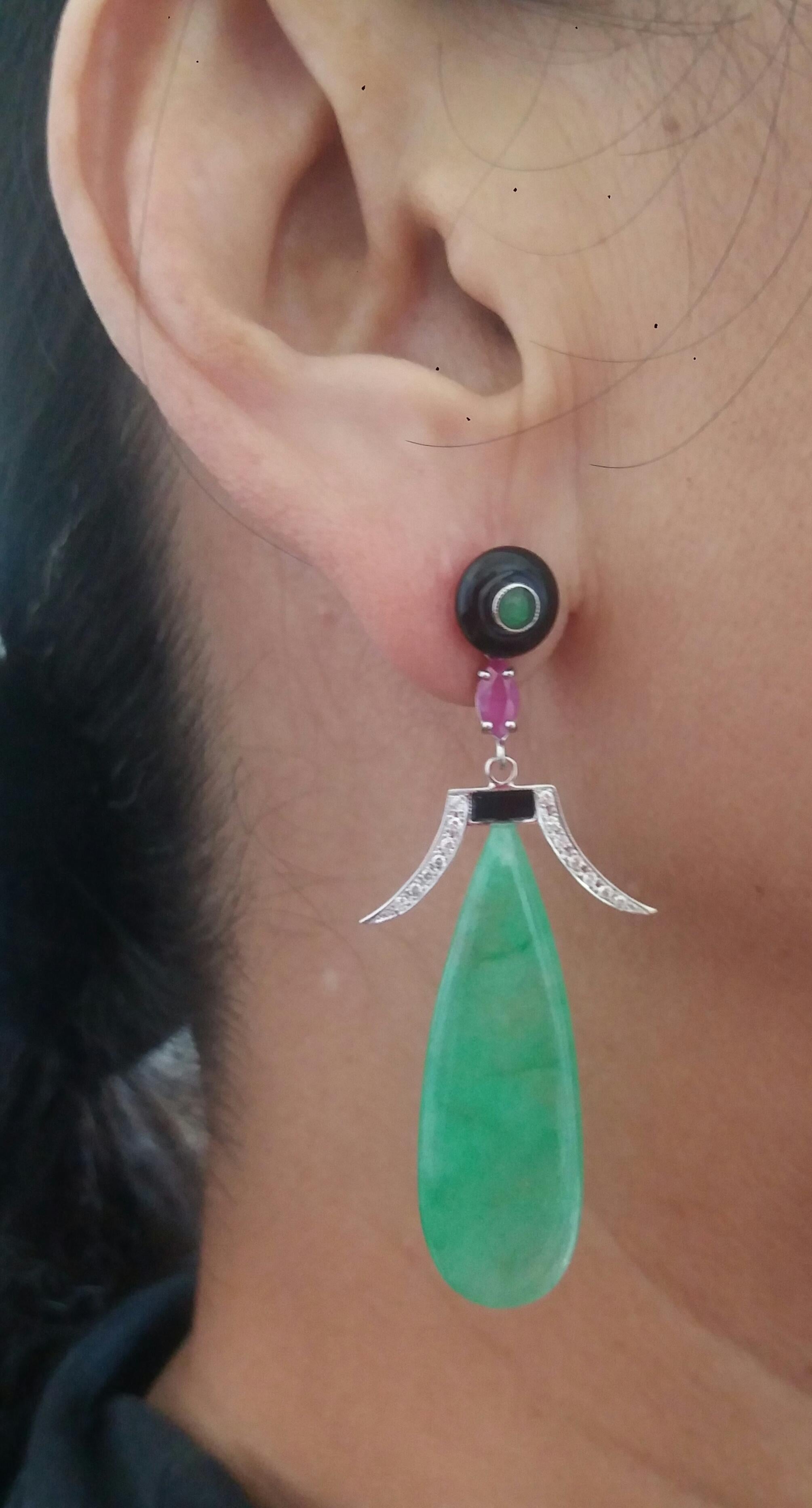 Art Deco Style Jade Ruby Black Onyx Emerald Gold Diamonds Black Enamel Earrings For Sale 3