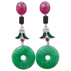 Vintage Art Deco Style Jade Ruby Black Onyx Gold Diamonds Green Enamel Dangle Earrings