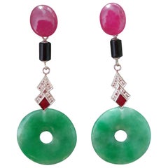 Pendientes Colgantes de Jade Rubí Ónice Negro Oro Diamantes Esmalte Rojo Estilo Art Déco