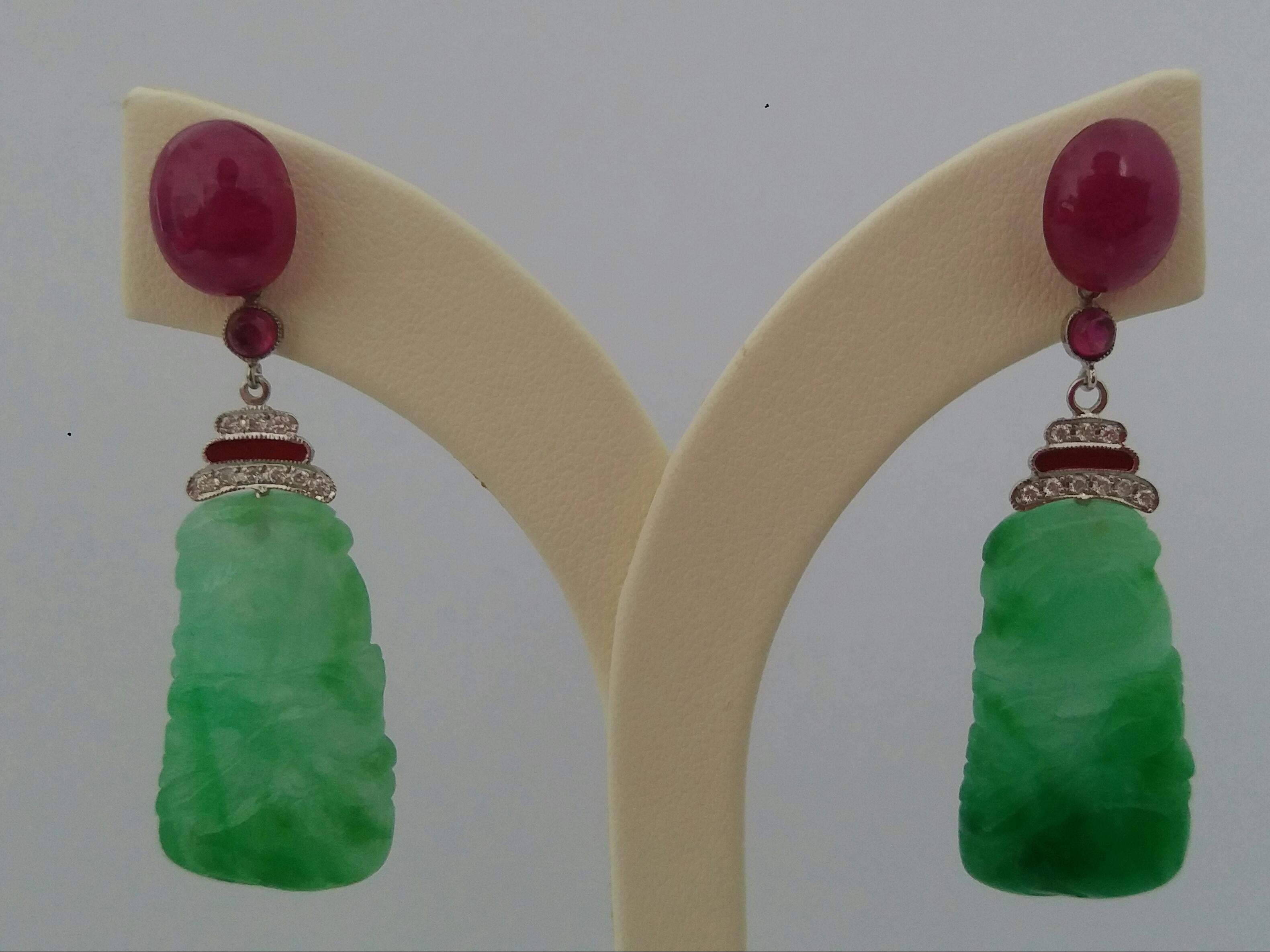 Art Deco Style Jade Ruby Cabs 14k White Gold Diamonds Red Enamel Dangle Earrings In Good Condition For Sale In Bangkok, TH