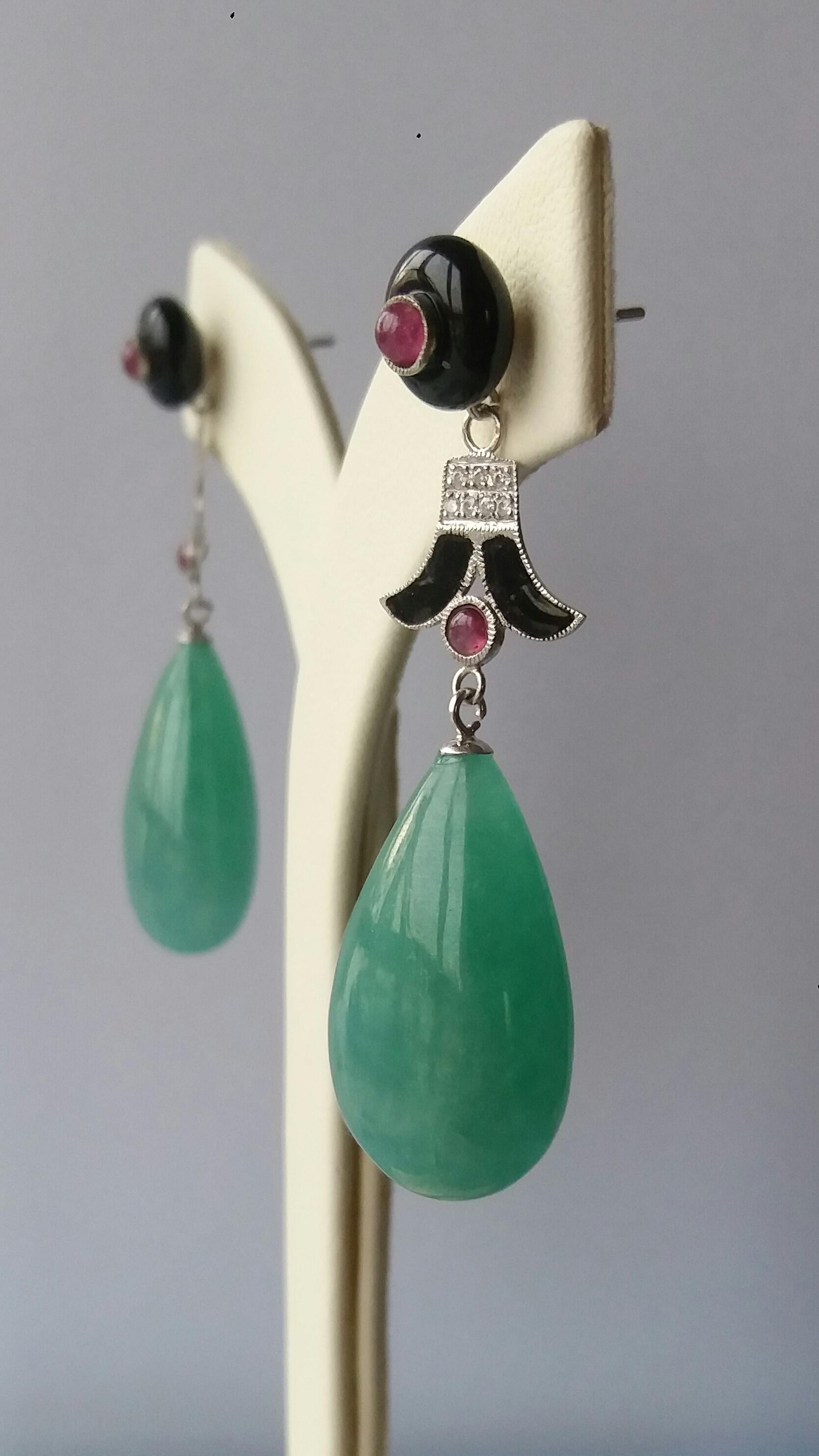 Women's Art Deco Style Jade Ruby Gold Diamonds Black Enamel Black Onyx Drop Earrings For Sale