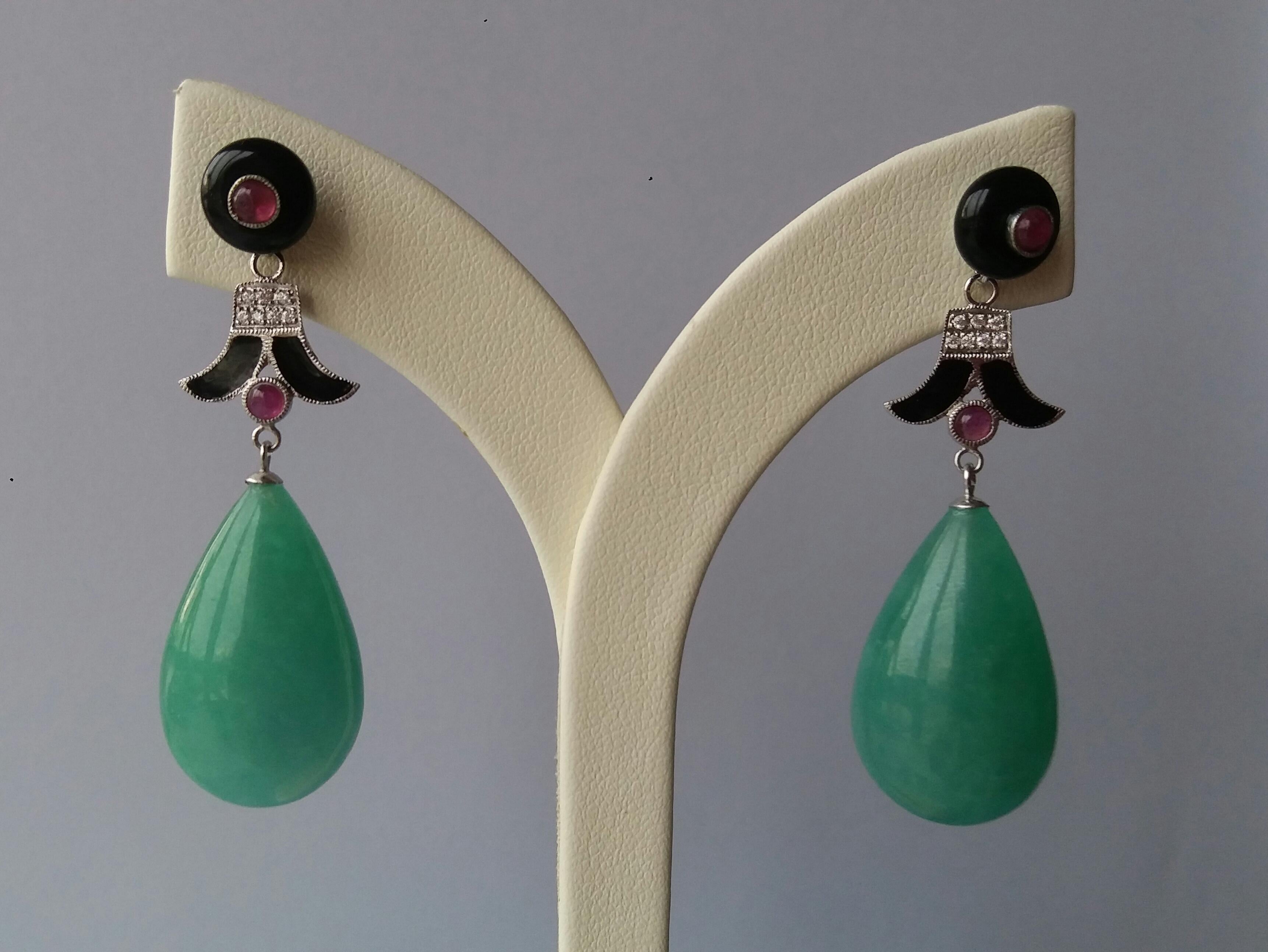 Art Deco Style Jade Ruby Gold Diamonds Black Enamel Black Onyx Drop Earrings 1