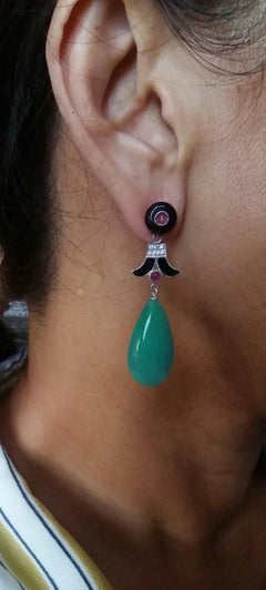 Art Deco Style Jade Ruby Gold Diamonds Black Enamel Black Onyx Drop Earrings