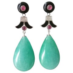 Art Deco Style Jade Ruby Gold Diamonds Black Enamel Black Onyx Drop Earrings