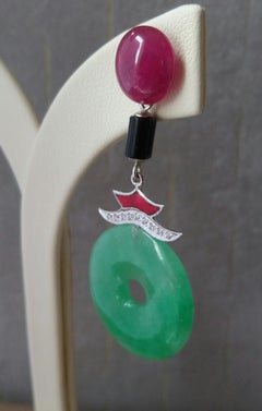 Art Deco Style Jade Ruby Gold Diamonds Red Enamel Black Onyx Dangle Earrings