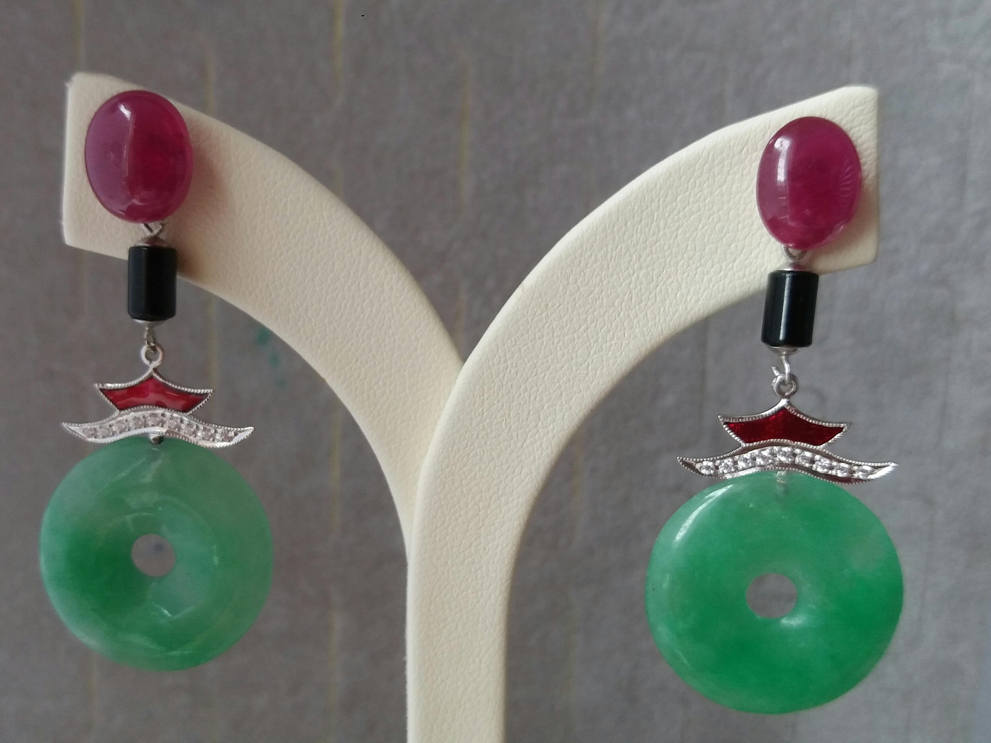 Mixed Cut Art Deco Style Jade Ruby Gold Diamonds Red Enamel Black Onyx Dangle Earrings For Sale