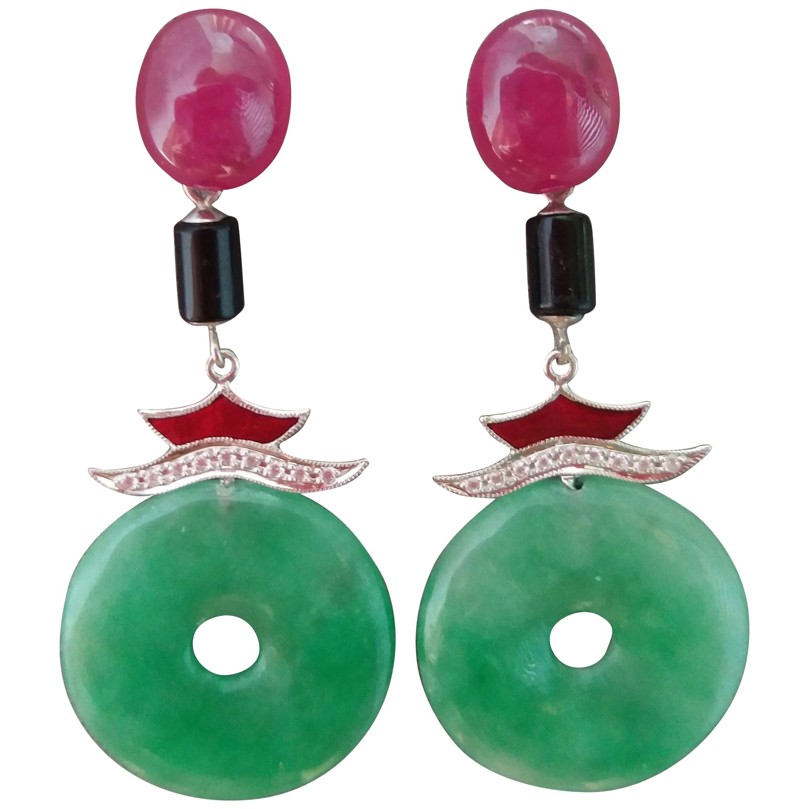 Art Deco Style Jade Ruby Gold Diamonds Red Enamel Black Onyx Dangle Earrings For Sale