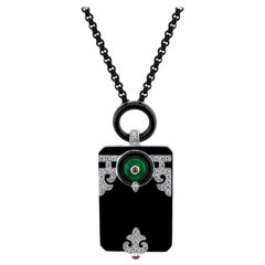 Art Deco Style Jade, Ruby, Onyx, and Diamond 18 Karat White Gold Pendant