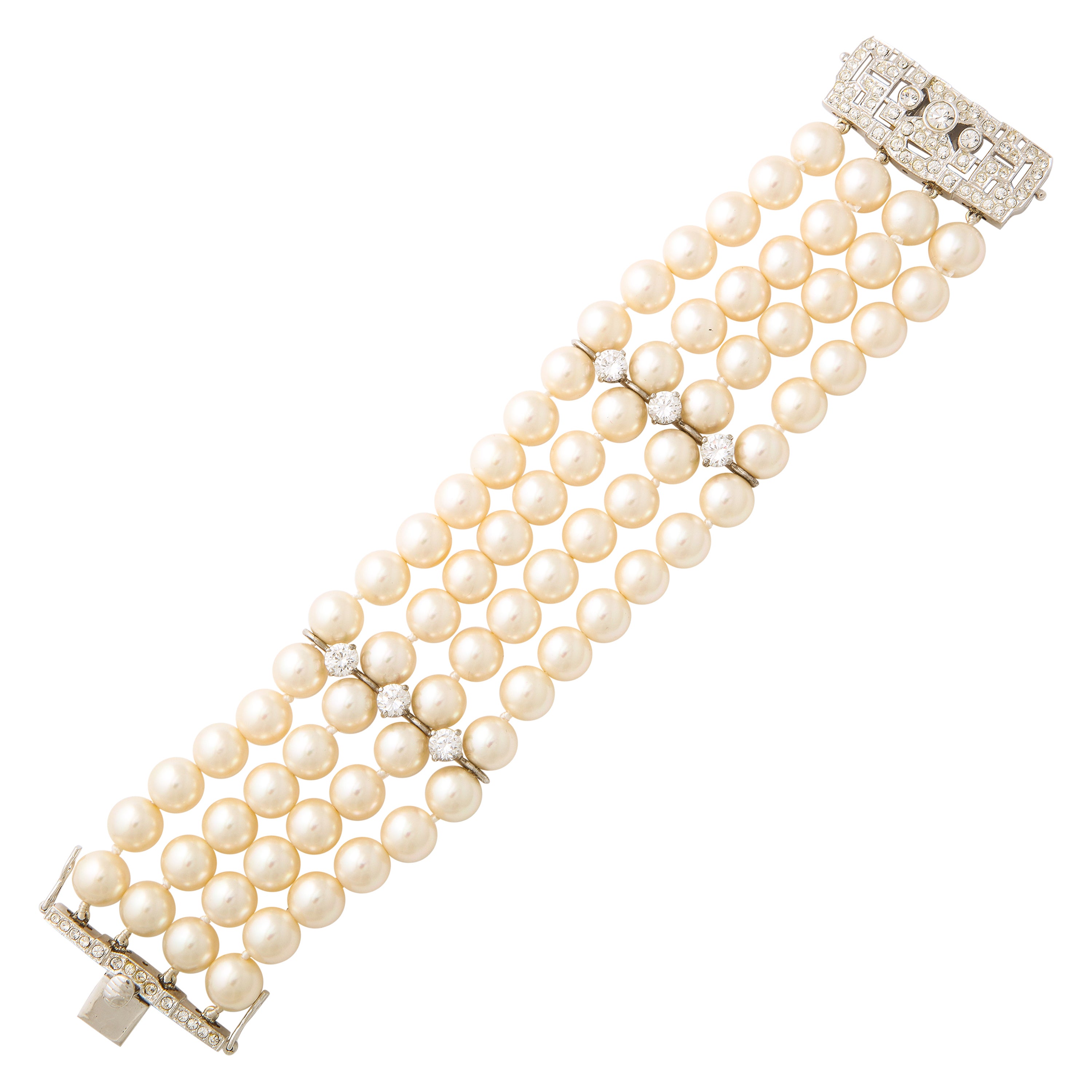  Art Deco Cartier Style Finest Faux Pearls Diamante Sterling Bracelet For Sale